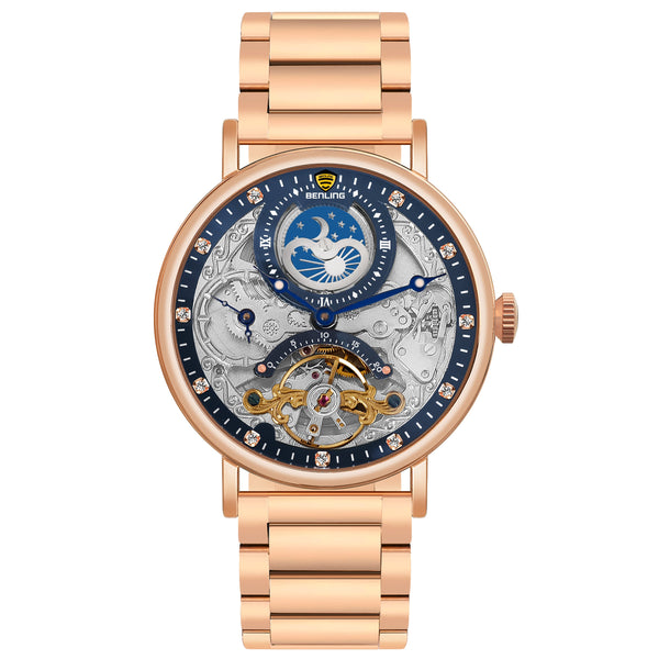 Benling Astroworld Tourbillon Automatic Watch for Men – Dual Time | Moonphase | Skeleton Dial | With Leather Strap & Stainless Steel Chain