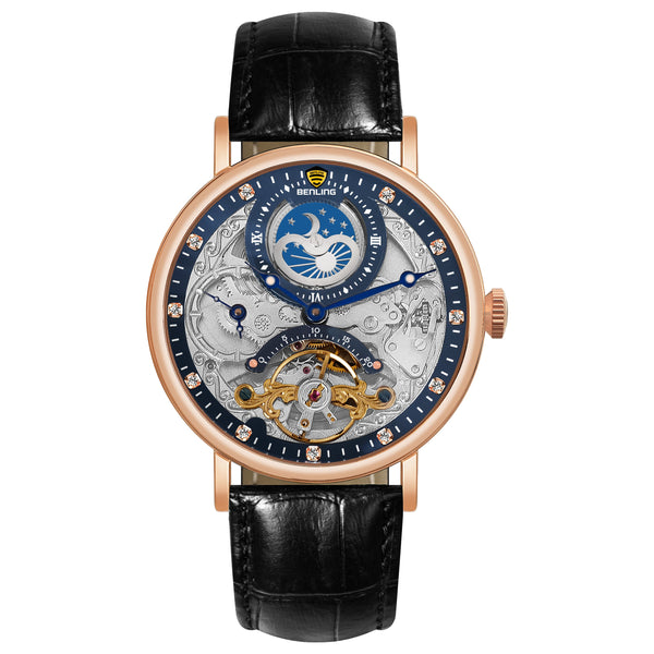 Benling Astroworld Tourbillon Automatic Watch for Men – Dual Time | Moonphase | Skeleton Dial | With Leather Strap & Stainless Steel Chain