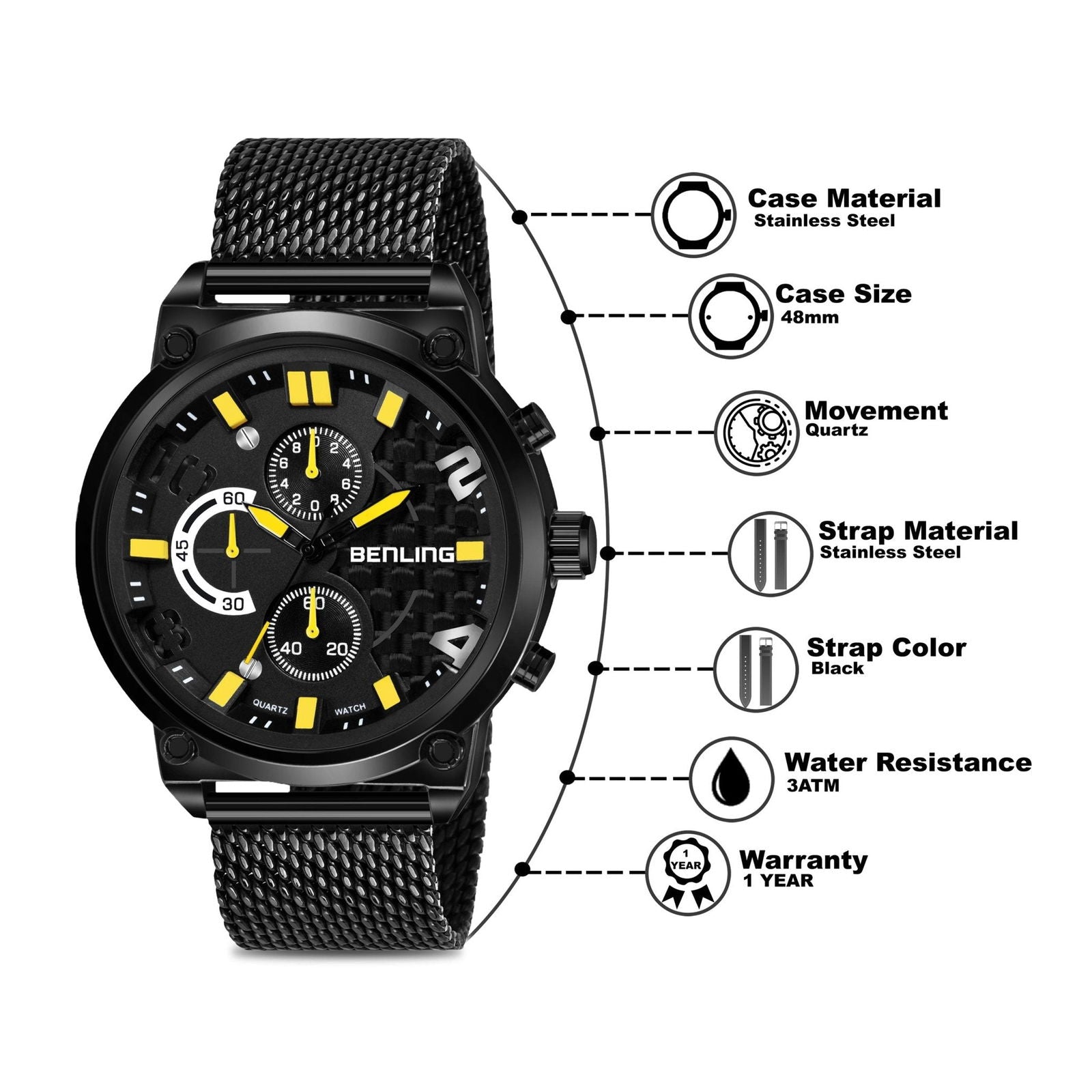 Iconic White Black Chronograph - Benling