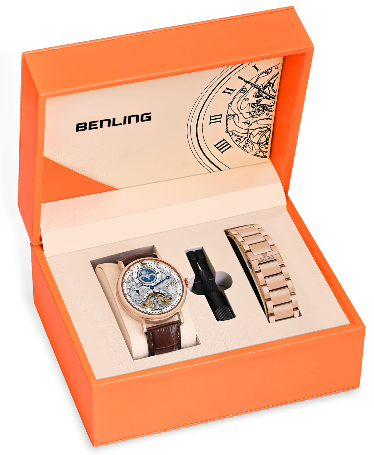 Benling Astroworld Tourbillon Automatic Watch for Men – Dual Time | Moonphase | Skeleton Dial | With Leather Strap & Stainless Steel Chain Benling