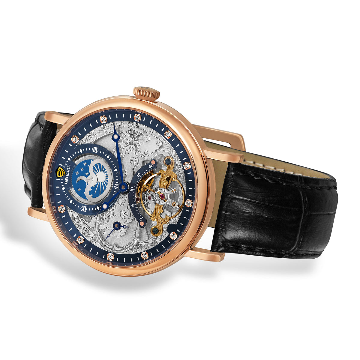Benling Astroworld Tourbillon Automatic Watch for Men – Dual Time | Moonphase | Skeleton Dial | With Leather Strap & Stainless Steel Chain Benling