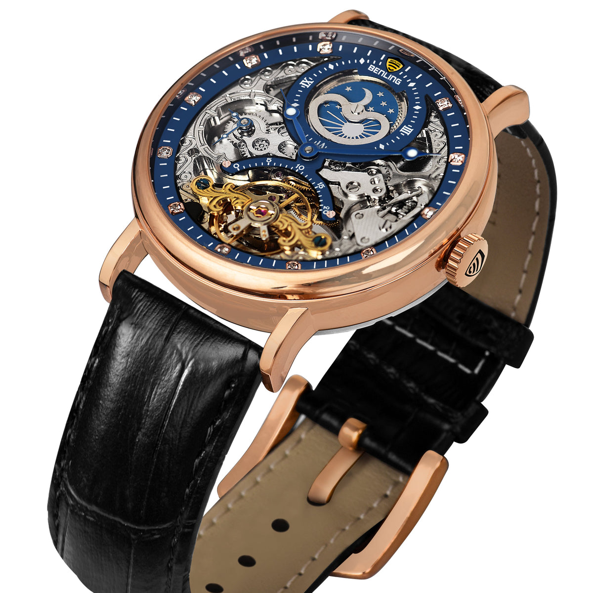 Benling Astroworld Tourbillon Automatic Watch for Men – Dual Time | Moonphase | Skeleton Dial | With Leather Strap & Stainless Steel Chain Benling