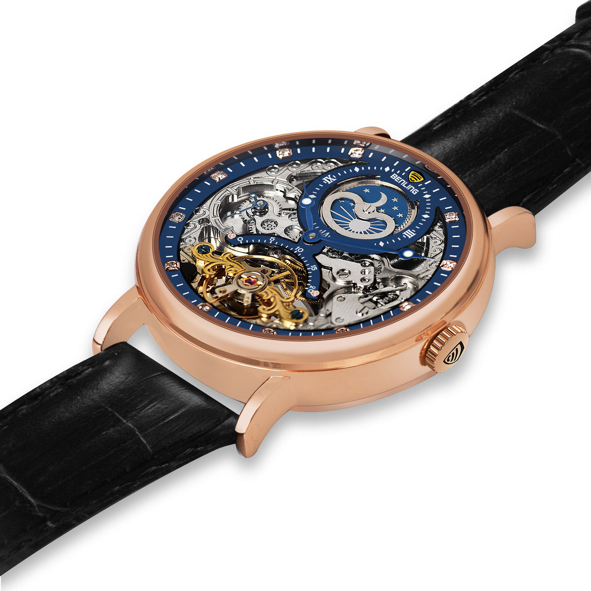 Benling Astroworld Tourbillon Automatic Watch for Men – Dual Time | Moonphase | Skeleton Dial | With Leather Strap & Stainless Steel Chain Benling