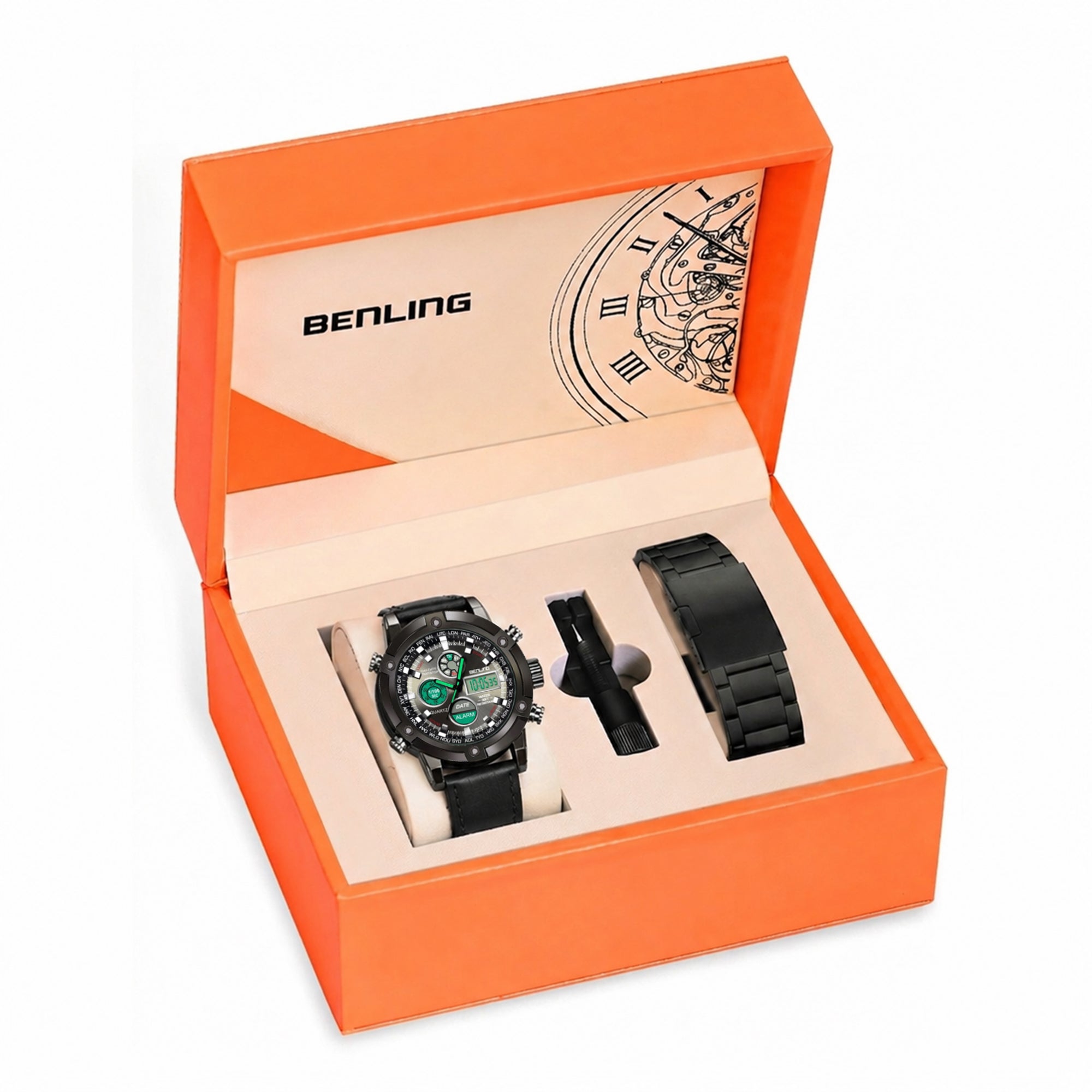 Benling Iconic Ana-Digital Watch for Men – Now with Stainless Steel Chain and Leatherette Strap | EL Backlight | Dual Time