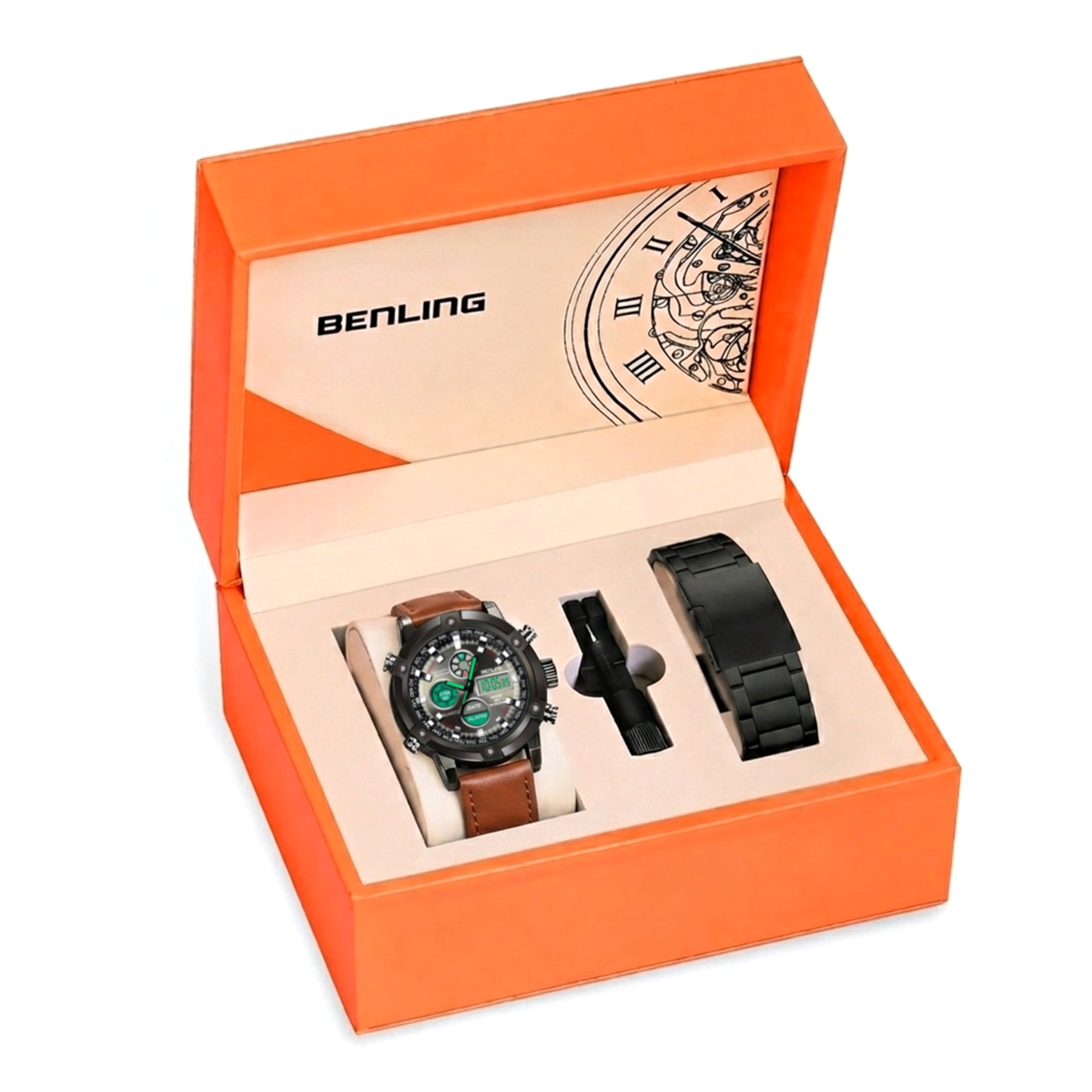 Benling Iconic Ana-Digital Watch for Men – Now with Stainless Steel Chain and Leatherette Strap | EL Backlight | Dual Time