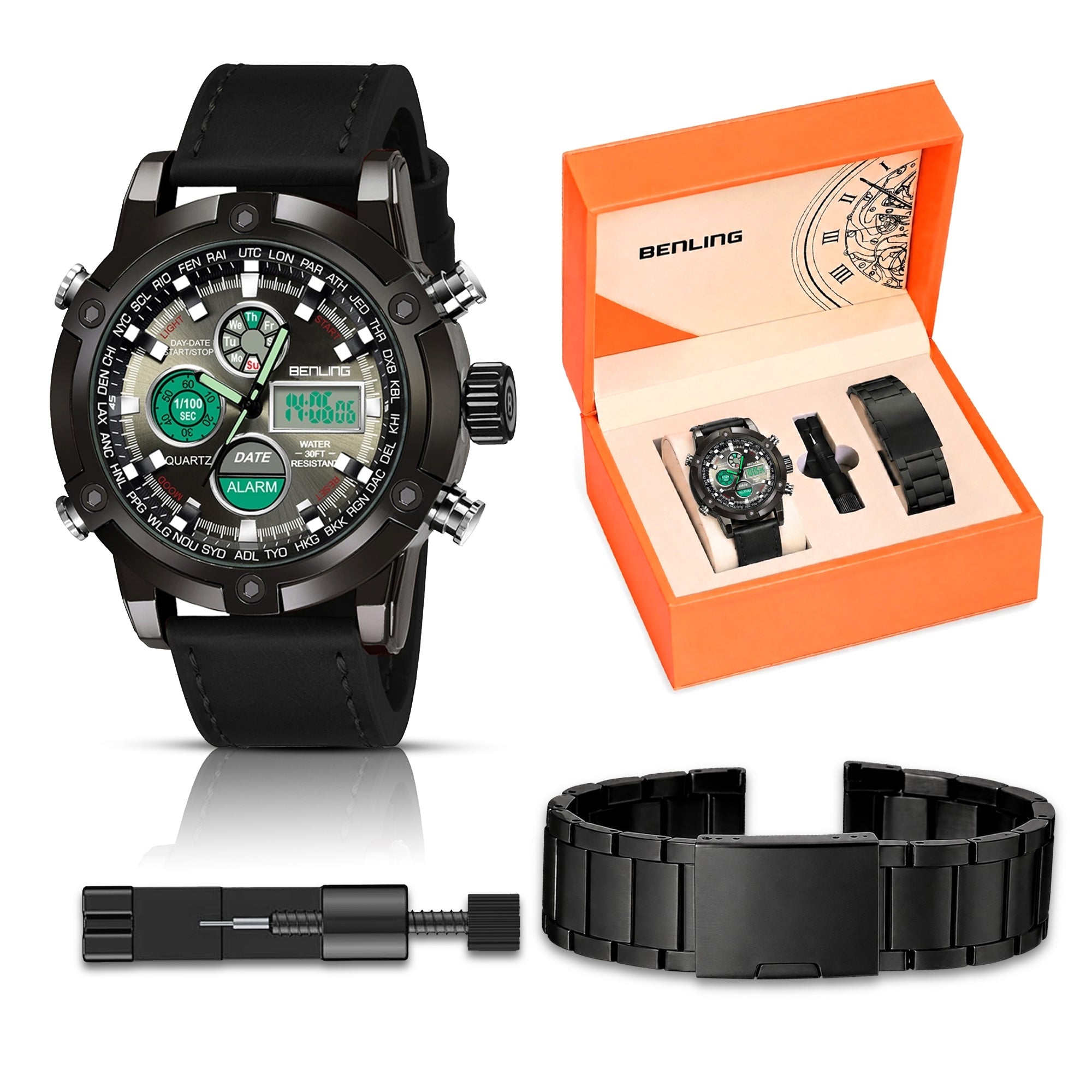Benling Iconic Ana-Digital Watch for Men – Now with Stainless Steel Chain and Leatherette Strap | EL Backlight | Dual Time