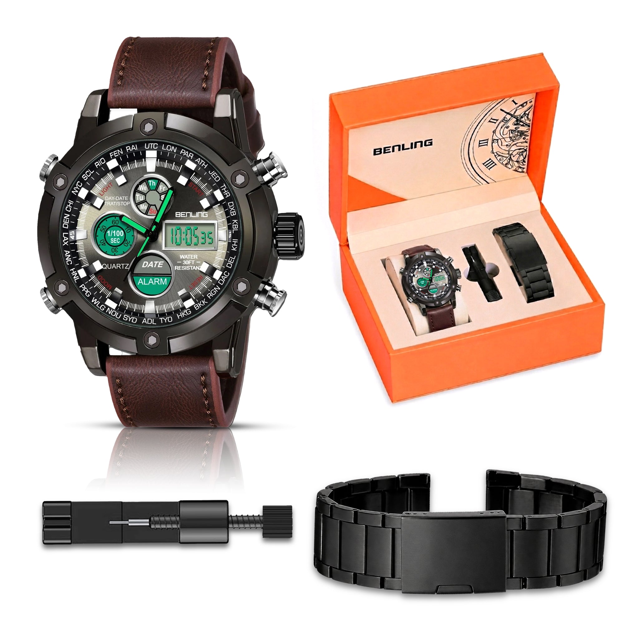 Benling Iconic Ana-Digital Watch for Men – Now with Stainless Steel Chain and Leatherette Strap | EL Backlight | Dual Time