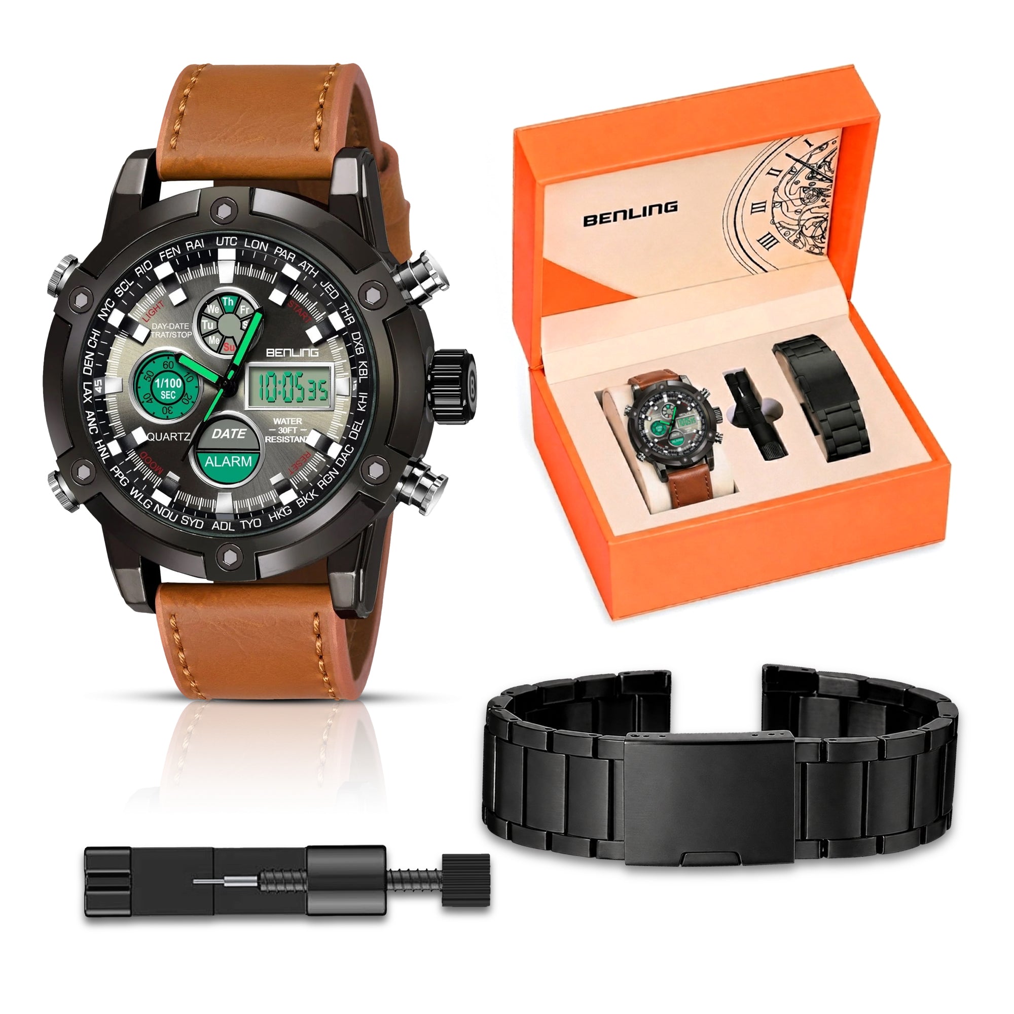 Benling Iconic Ana-Digital Watch for Men – Now with Stainless Steel Chain and Leatherette Strap | EL Backlight | Dual Time