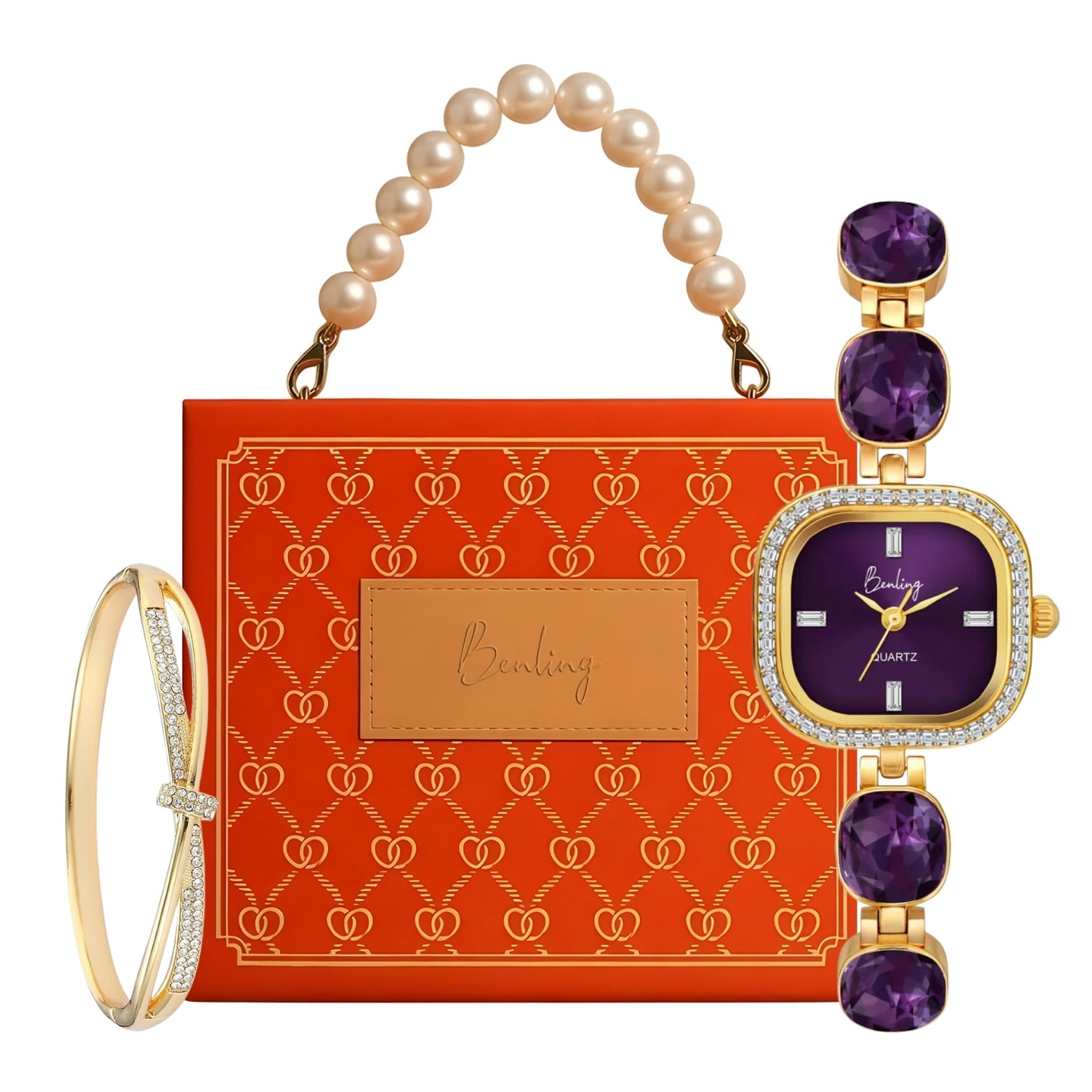 Benling Women's Quartz Watch with Gold Bracelet and Crystal Accents - Gift Set with Pearl Box and Bracelet