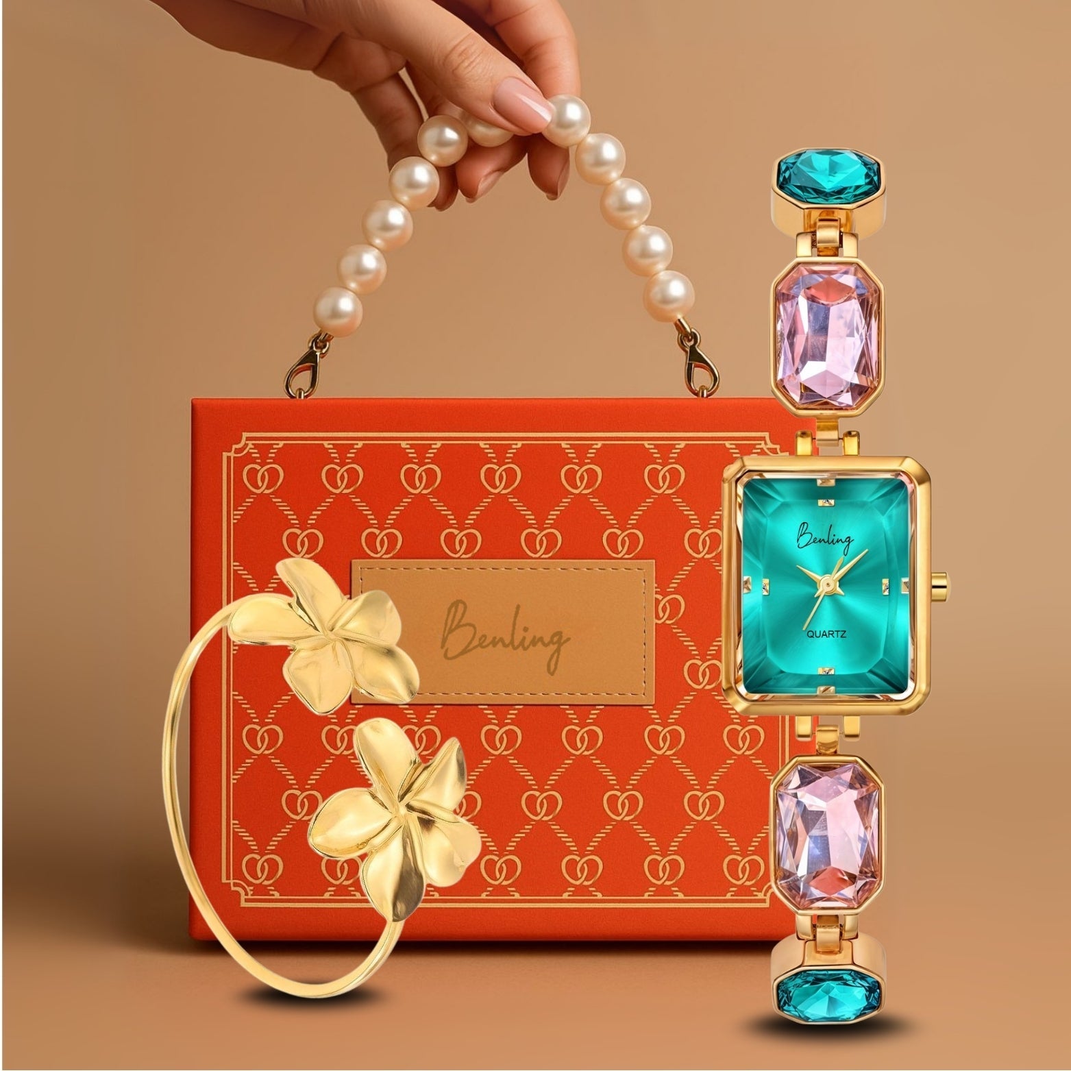 Benling Square Gemstone Dial Watch - Gift Set with Pearl Box and Bracelet