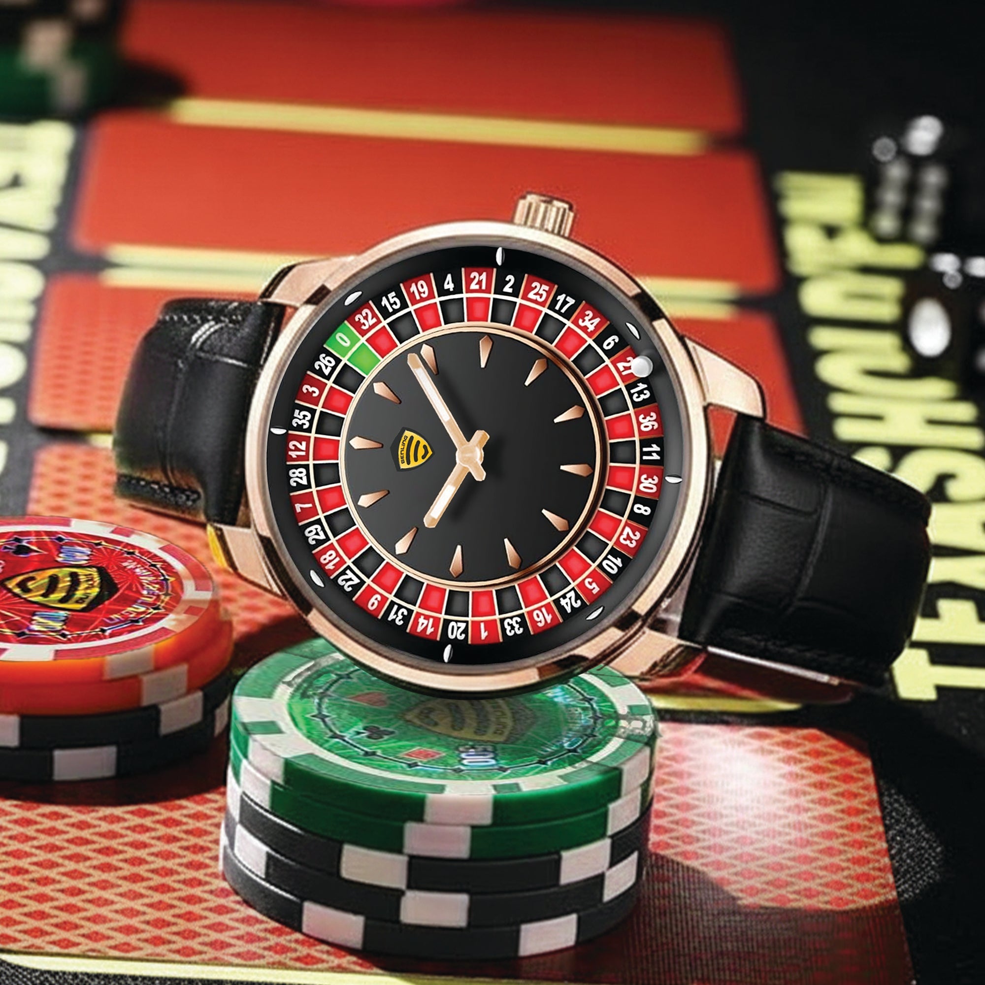 Benling Casino Series – Roulette Quartz Watch with Premium Casino Chips & Roulette Game Map