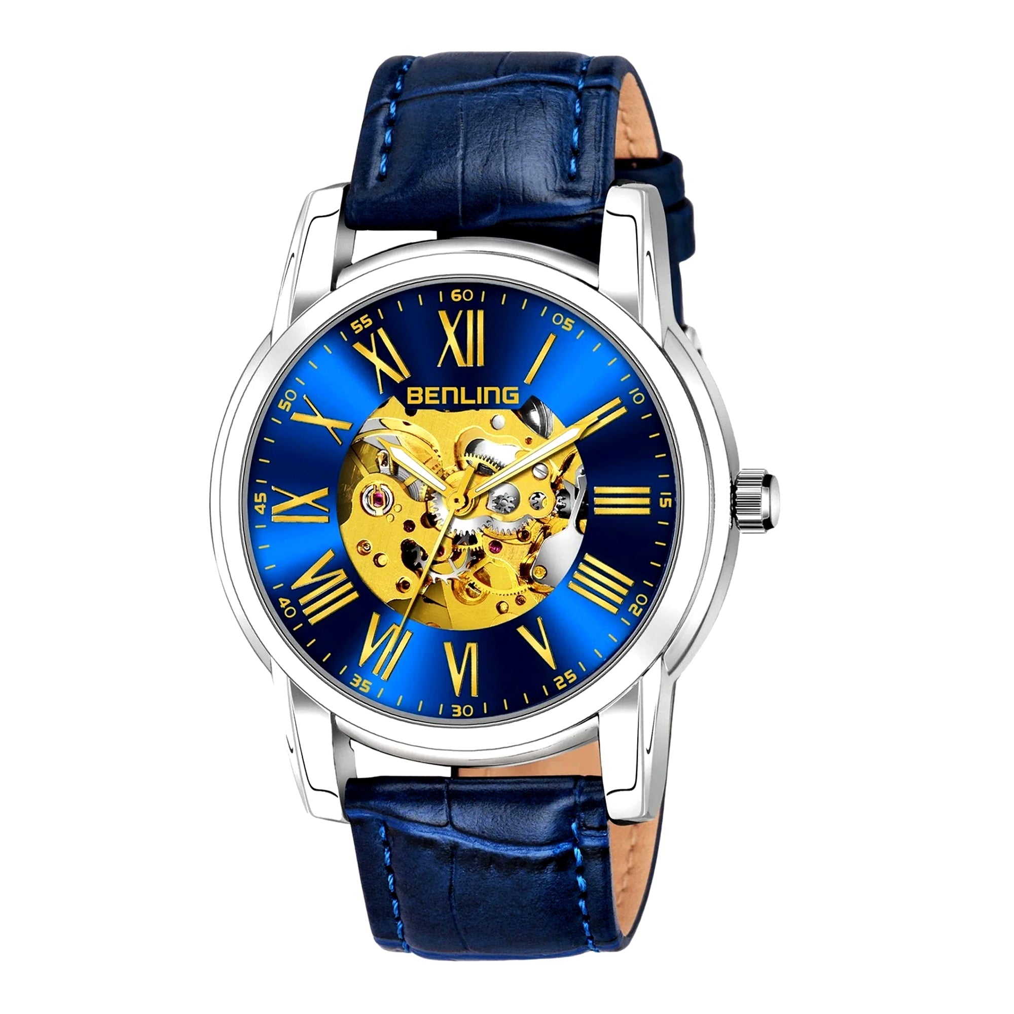 Benling Automatic Skeleton Mechanical Watch for Men | Self-Winding Movement | Leather & Stainless Steel Strap | Open Gear Dial | Luxury Casual & Formal Wear