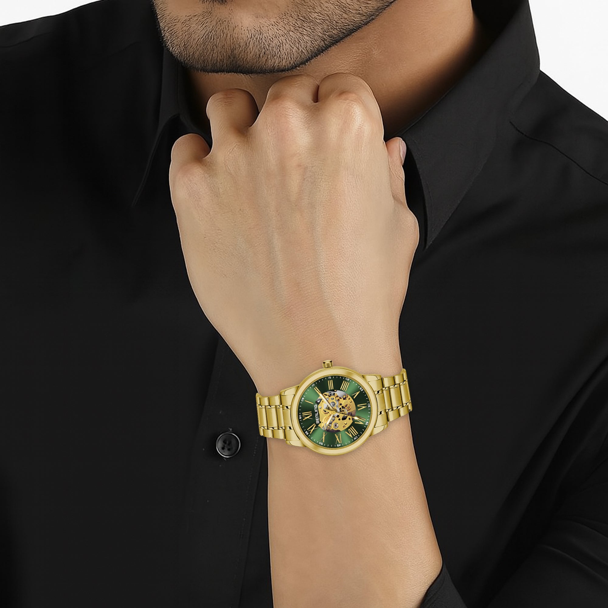 Benling Automatic Skeleton Mechanical Watch for Men | Self-Winding Movement | Leather & Stainless Steel Strap | Open Gear Dial | Luxury Casual & Formal Wear