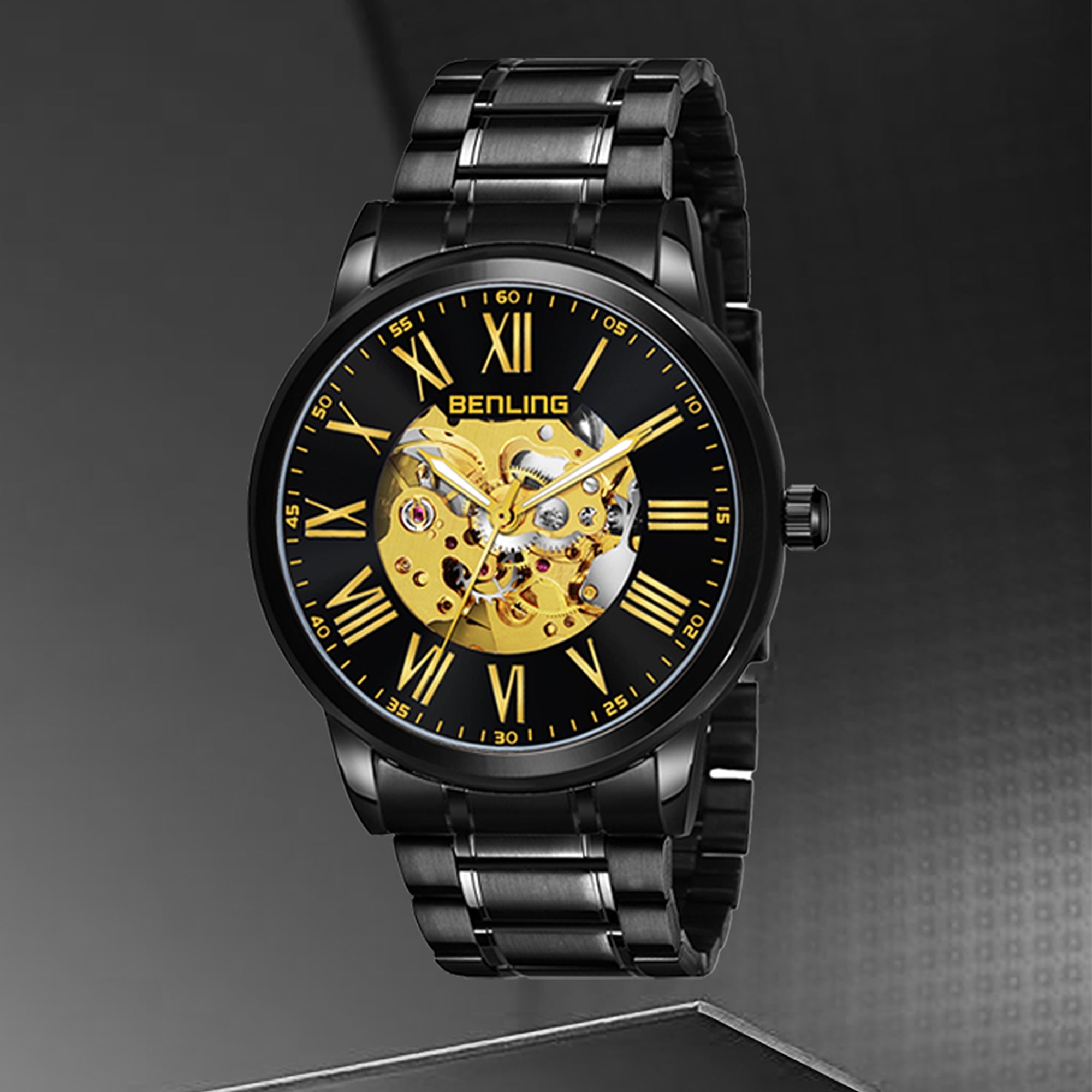 Benling Automatic Skeleton Mechanical Watch for Men | Self-Winding Movement | Leather & Stainless Steel Strap | Open Gear Dial | Luxury Casual & Formal Wear