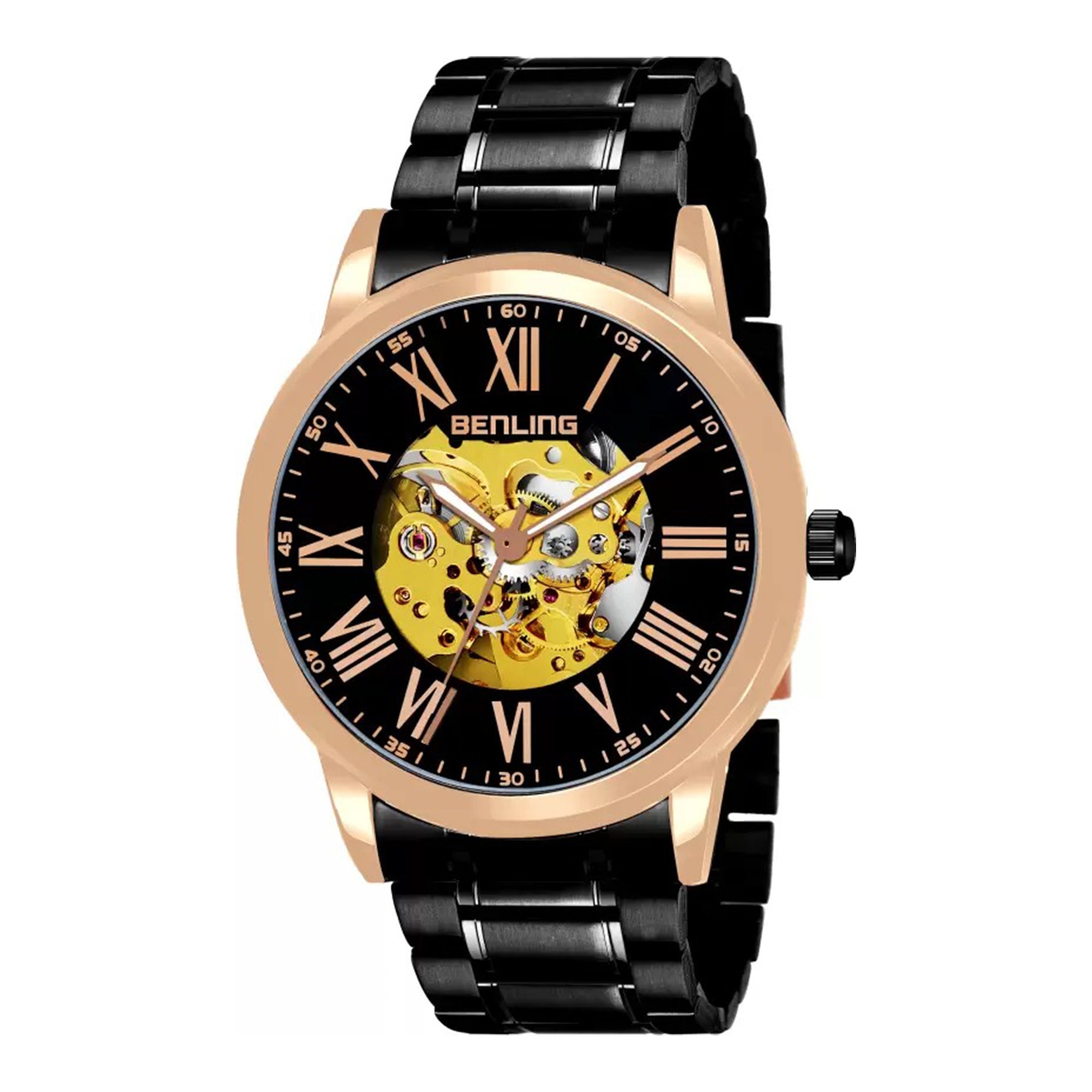 Benling Automatic Skeleton Mechanical Watch for Men | Self-Winding Movement | Leather & Stainless Steel Strap | Open Gear Dial | Luxury Casual & Formal Wear