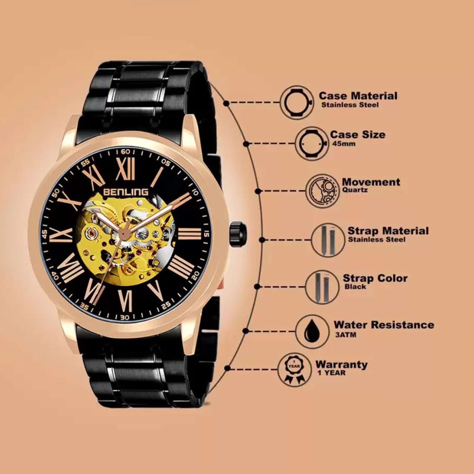 Benling Automatic Skeleton Mechanical Watch for Men | Self-Winding Movement | Leather & Stainless Steel Strap | Open Gear Dial | Luxury Casual & Formal Wear