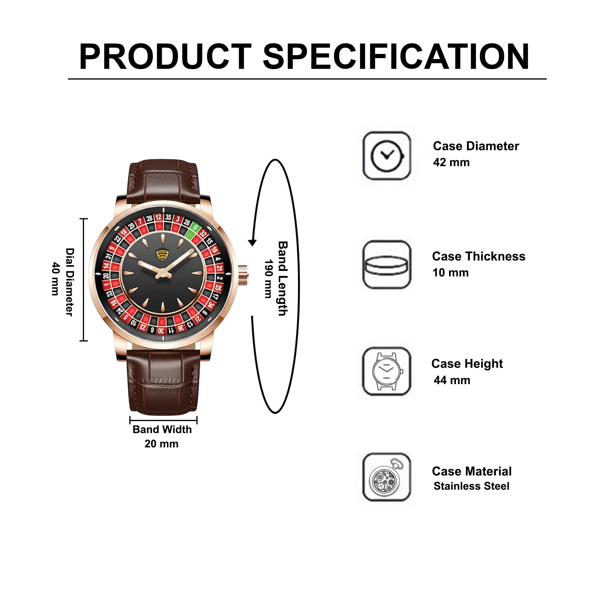 Benling Casino Series – Roulette Quartz Watch with Premium Casino Chips & Roulette Game Map