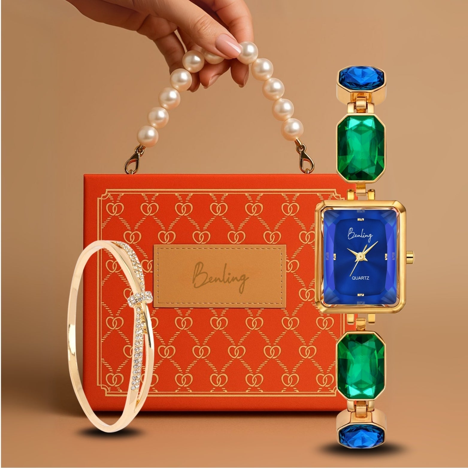 Benling Square Gemstone Dial Watch - Gift Set with Pearl Box and Bracelet