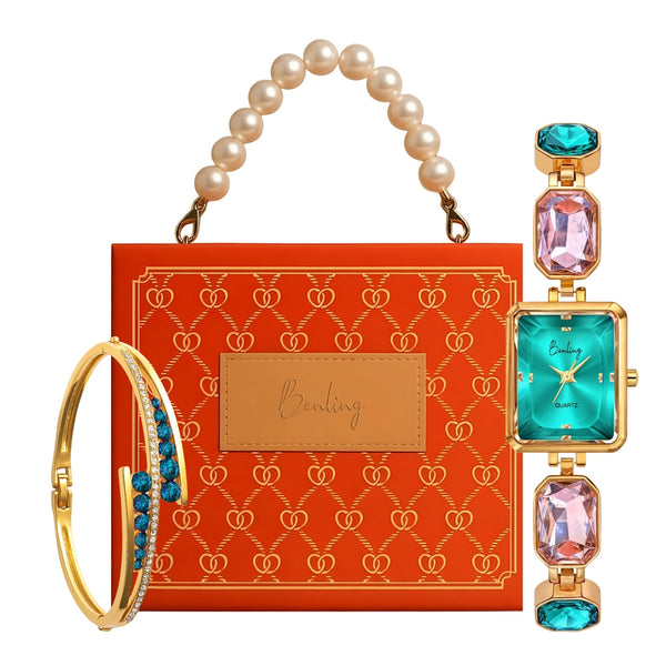 Benling Square Gemstone Dial Watch - Gift Set with Pearl Box and Bracelet
