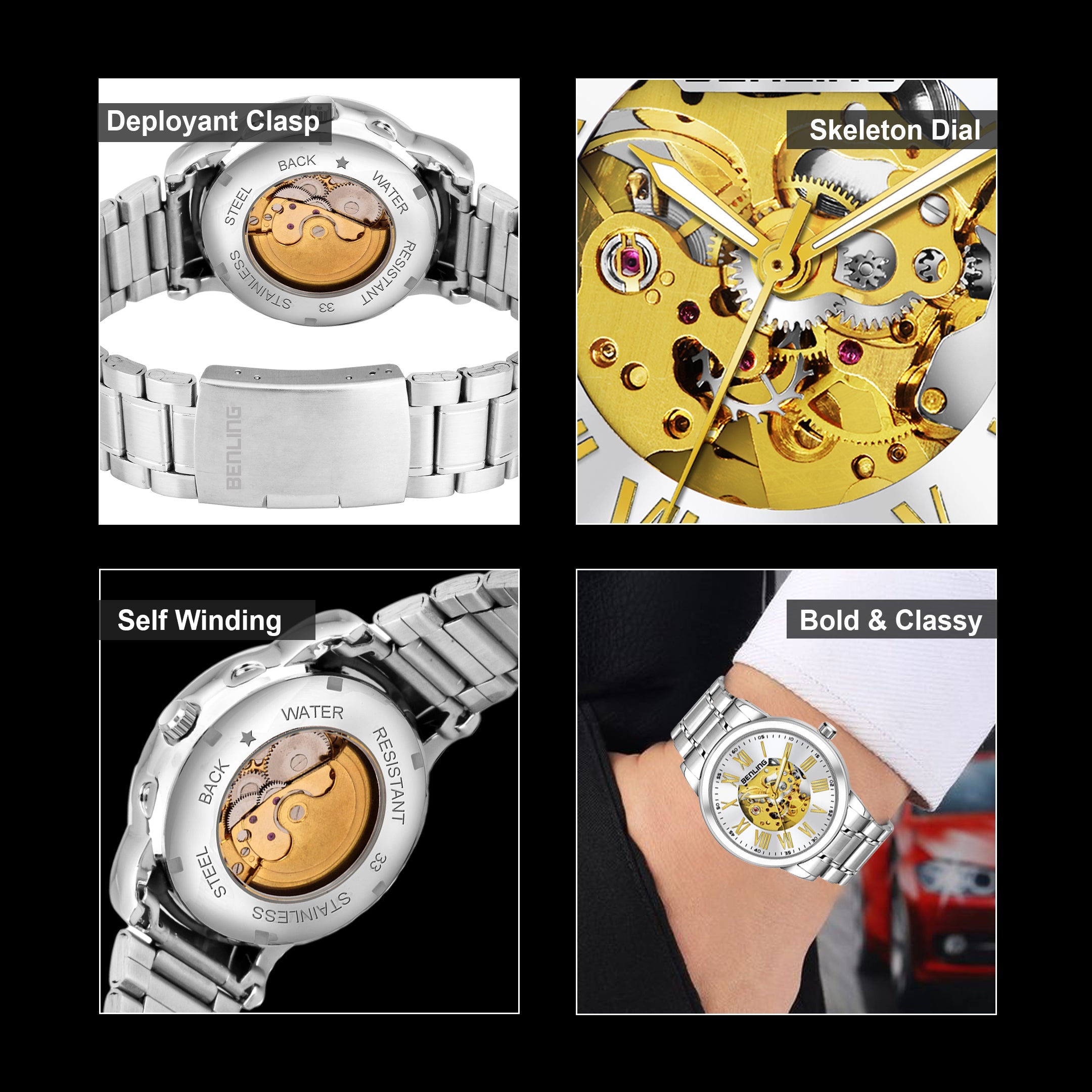 Benling Automatic Skeleton Mechanical Watch for Men | Self-Winding Movement | Leather & Stainless Steel Strap | Open Gear Dial | Luxury Casual & Formal Wear