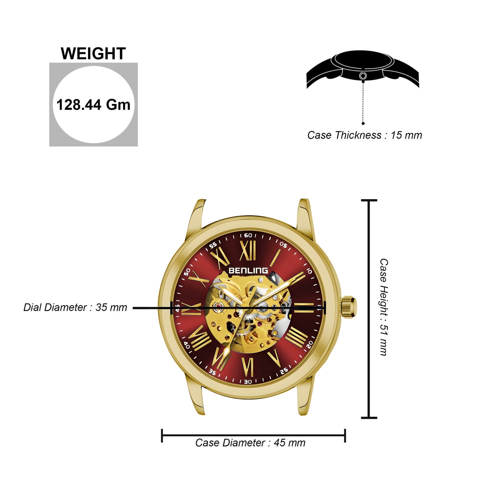 Benling Automatic Skeleton Mechanical Watch for Men | Self-Winding Movement | Leather & Stainless Steel Strap | Open Gear Dial | Luxury Casual & Formal Wear