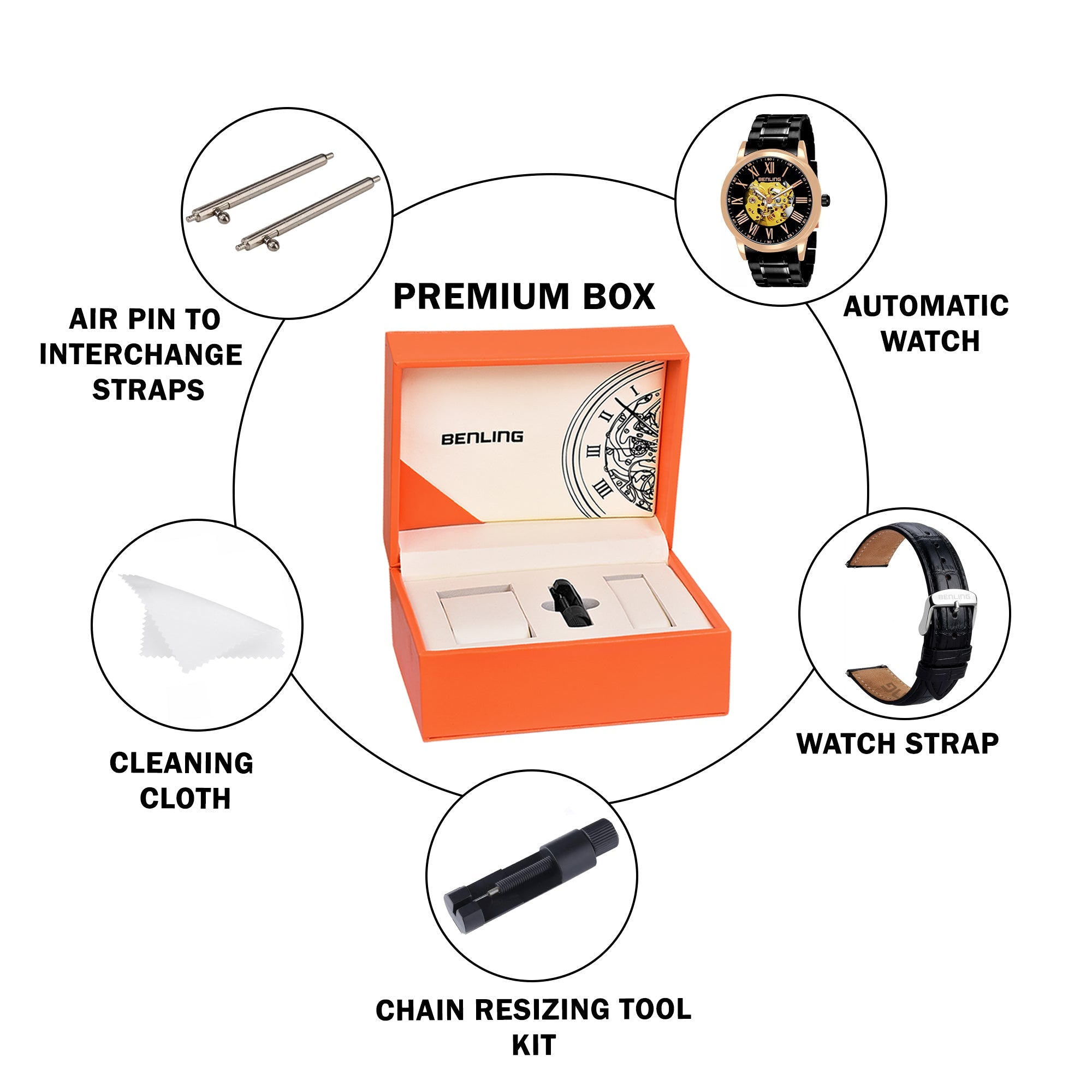 Benling Automatic Skeleton Mechanical Watch for Men | Self-Winding Movement | Leather & Stainless Steel Strap | Open Gear Dial | Luxury Casual & Formal Wear