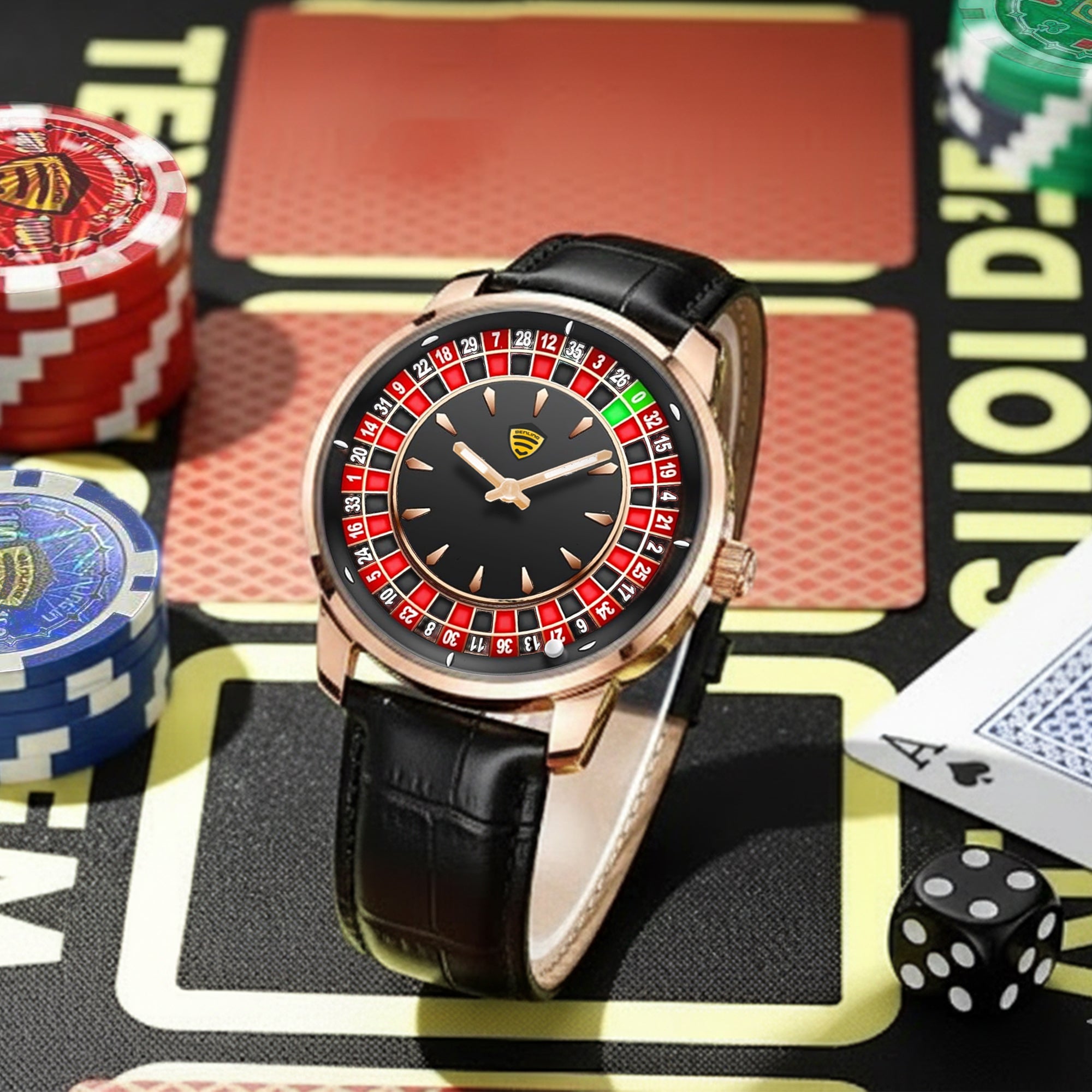 Benling Casino Series – Roulette Quartz Watch with Premium Casino Chips & Roulette Game Map