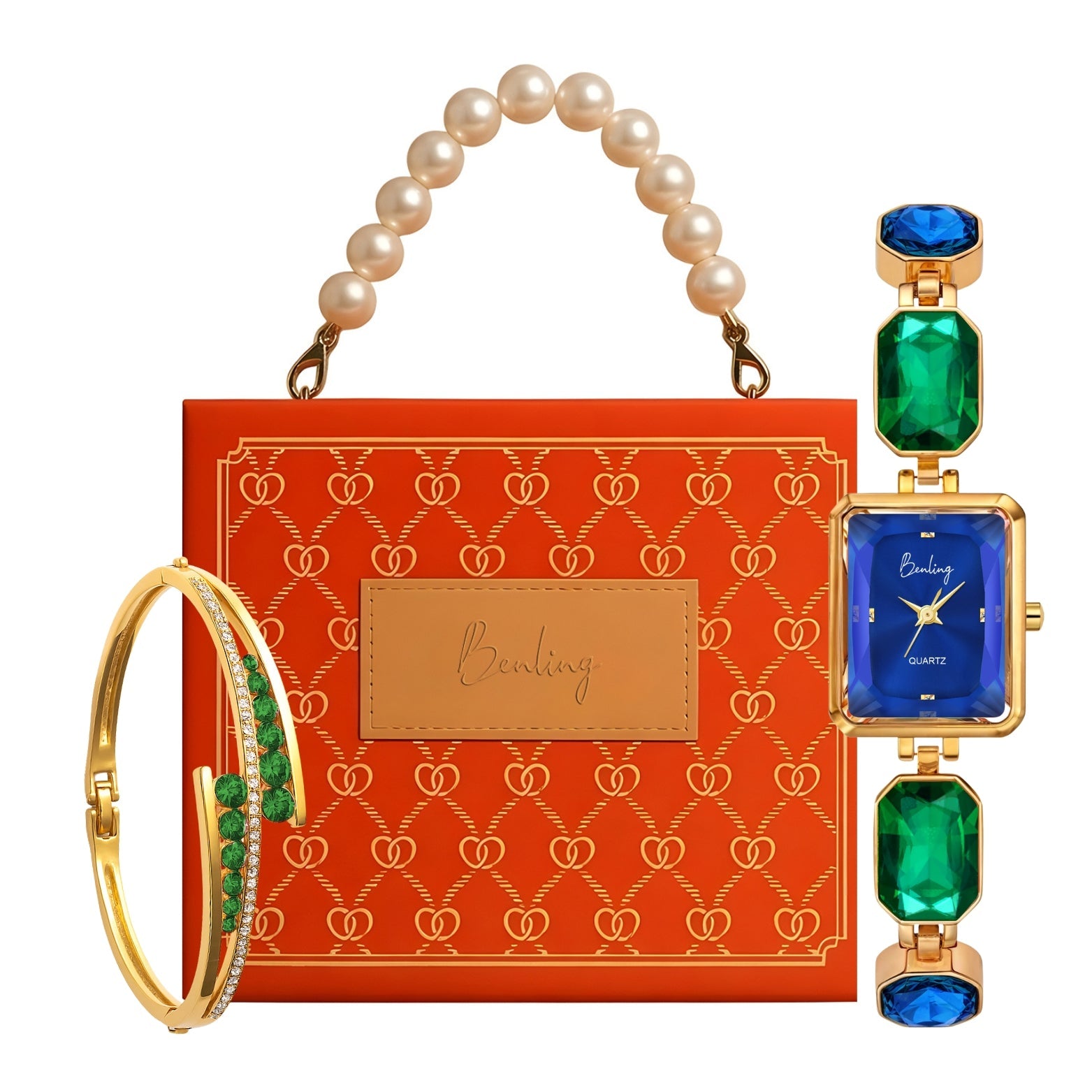 Benling Square Gemstone Dial Watch - Gift Set with Pearl Box and Bracelet