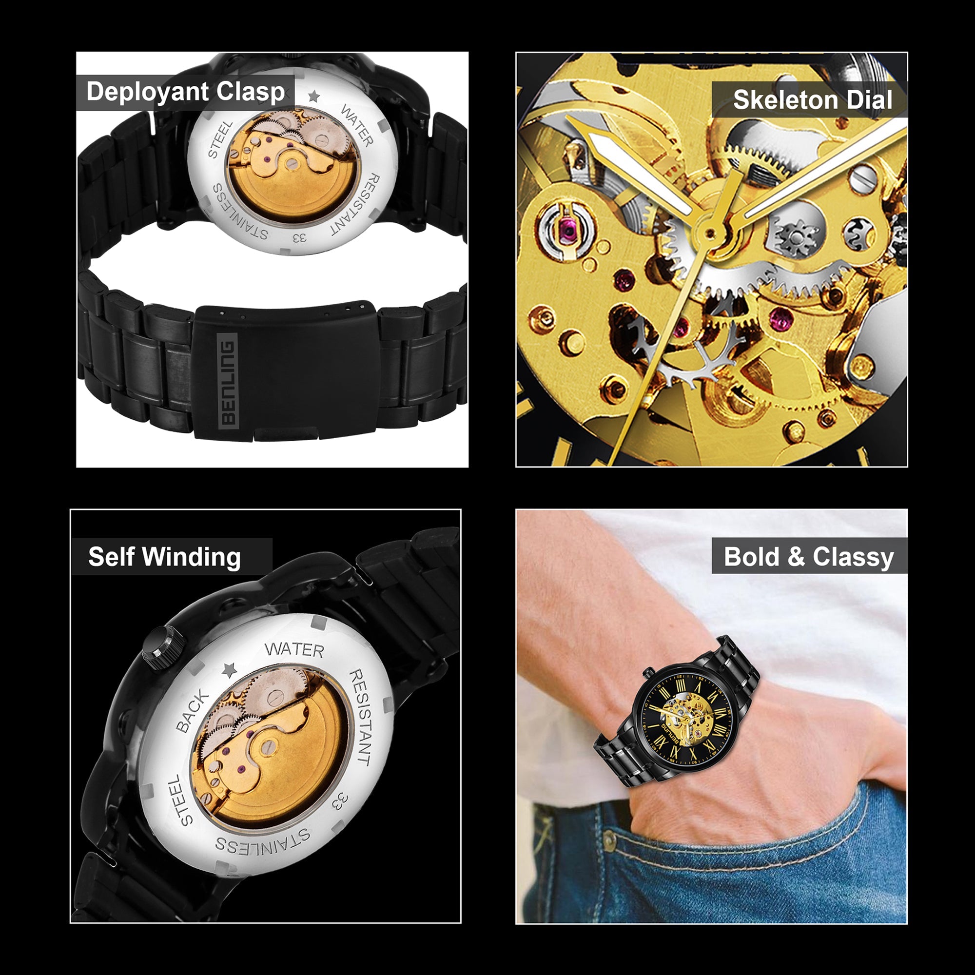 Benling Automatic Skeleton Mechanical Watch for Men | Self-Winding Movement | Leather & Stainless Steel Strap | Open Gear Dial | Luxury Casual & Formal Wear