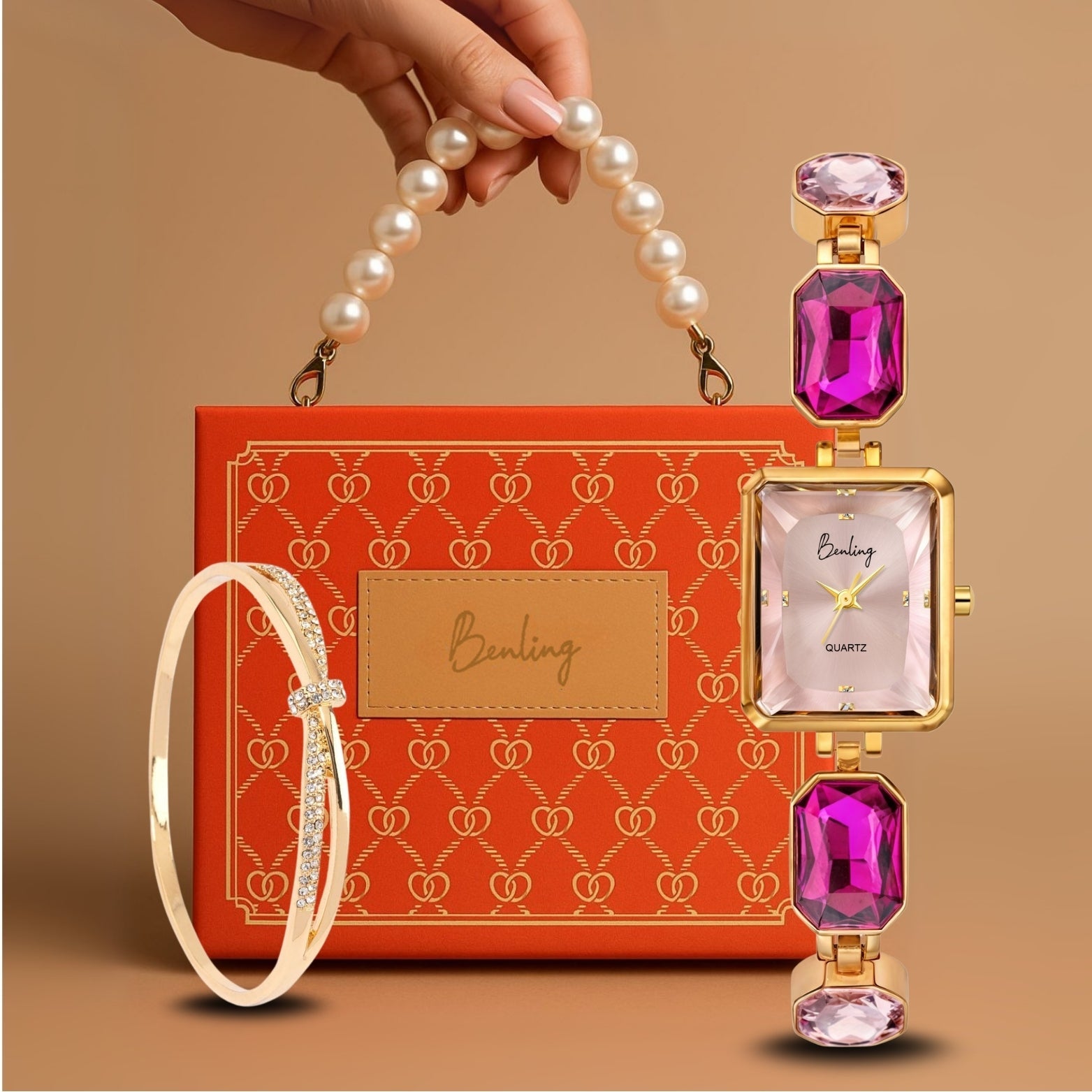 Benling Square Gemstone Dial Watch - Gift Set with Pearl Box and Bracelet Benling