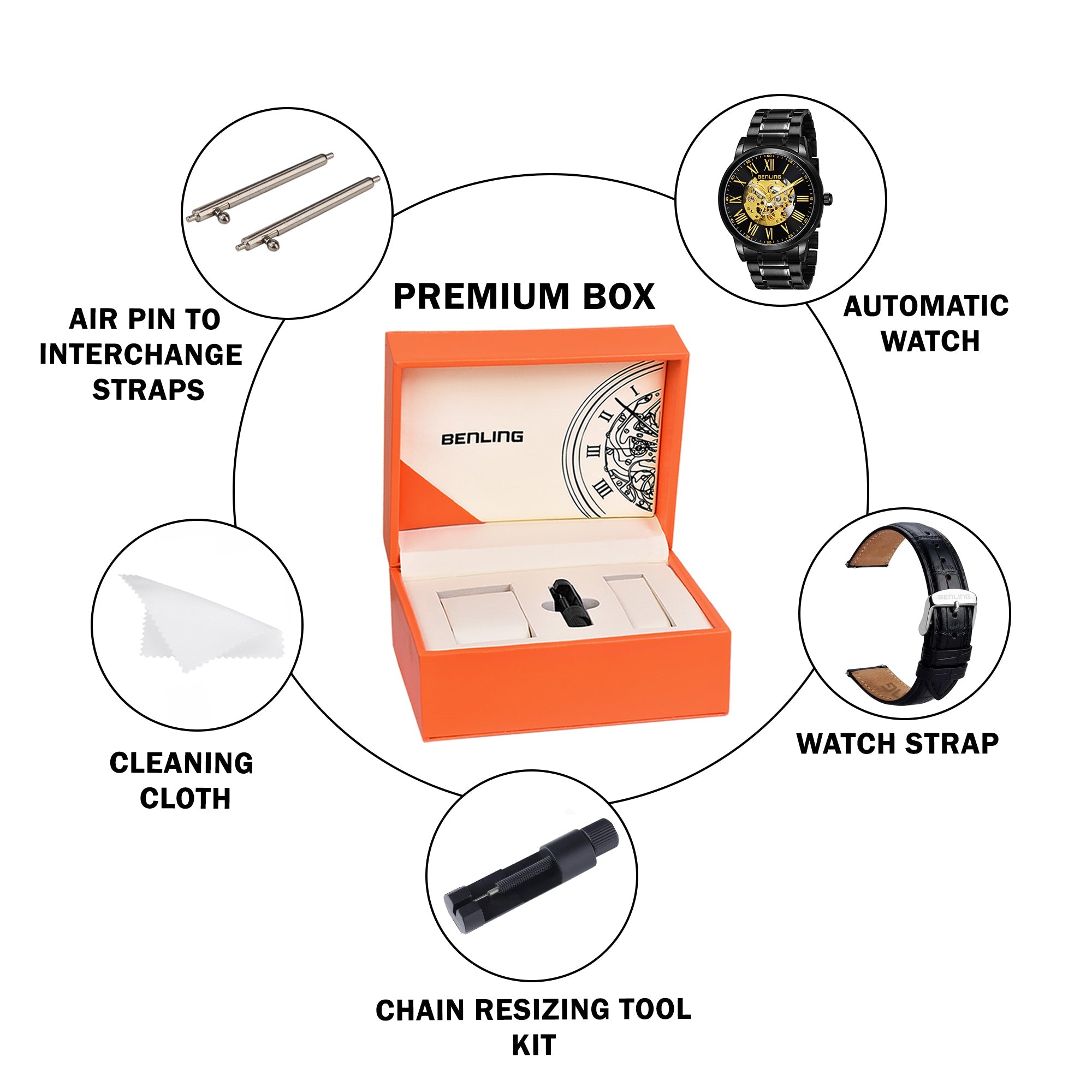 Benling Automatic Skeleton Mechanical Watch for Men | Self-Winding Movement | Leather & Stainless Steel Strap | Open Gear Dial | Luxury Casual & Formal Wear