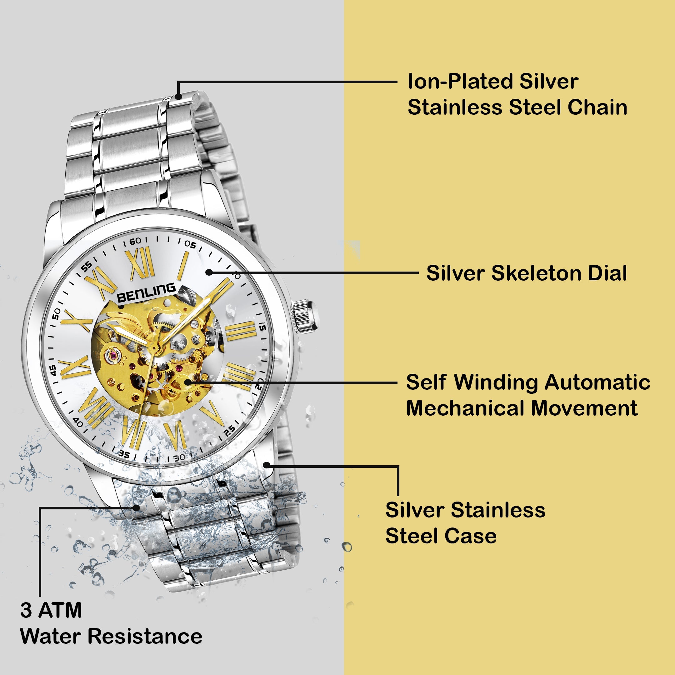 Benling Automatic Skeleton Mechanical Watch for Men | Self-Winding Movement | Leather & Stainless Steel Strap | Open Gear Dial | Luxury Casual & Formal Wear