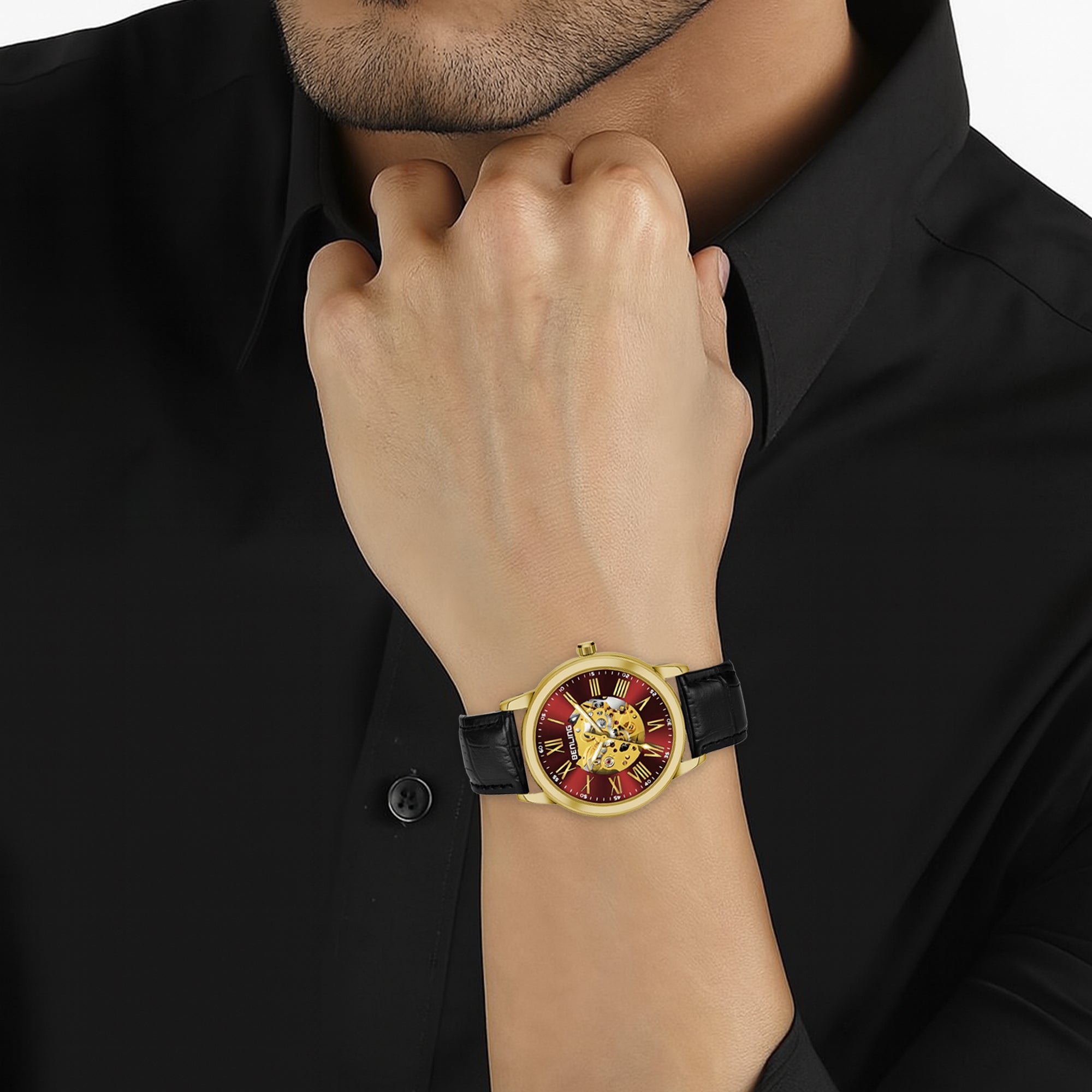 Benling Automatic Skeleton Mechanical Watch for Men | Self-Winding Movement | Leather & Stainless Steel Strap | Open Gear Dial | Luxury Casual & Formal Wear