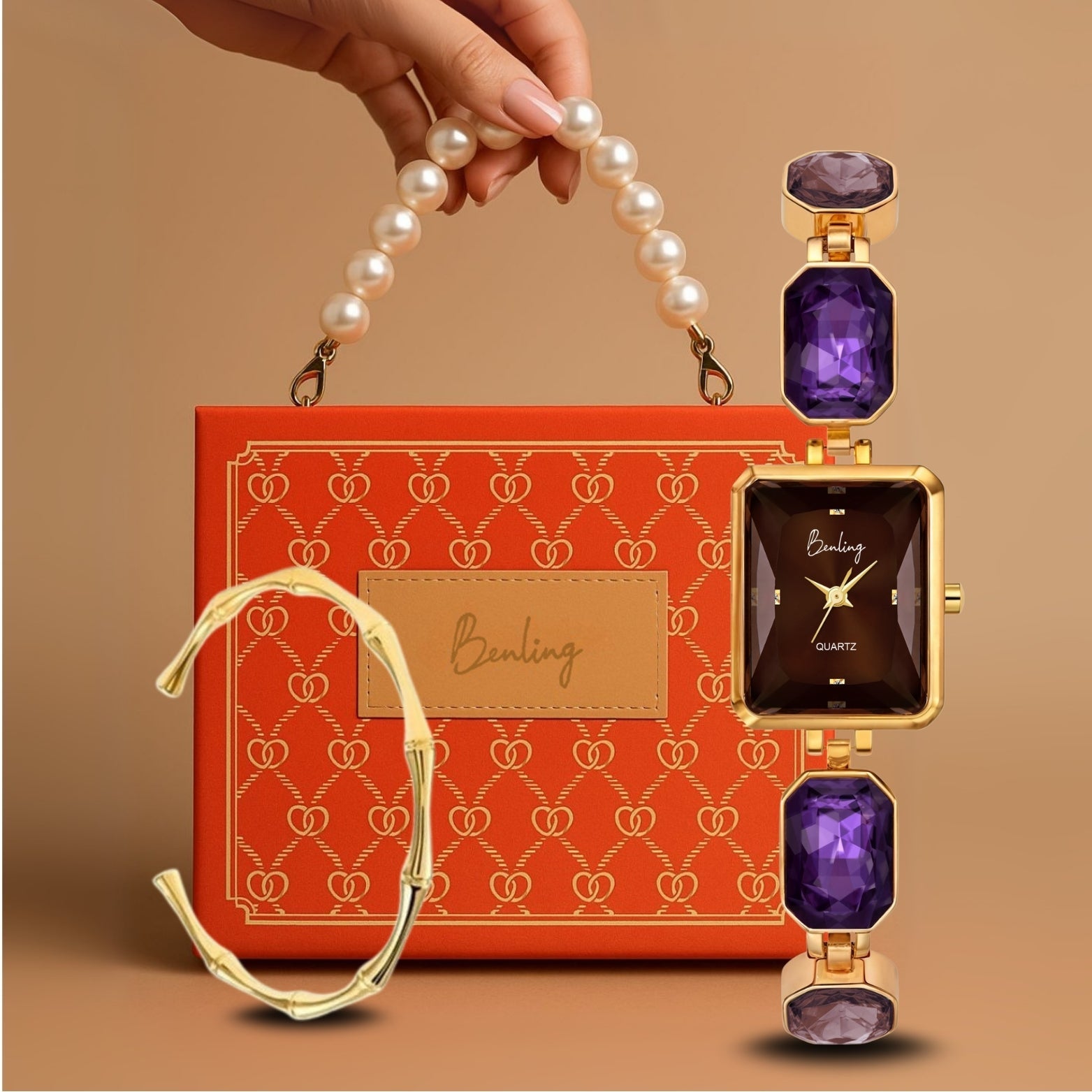 Benling Square Gemstone Dial Watch - Gift Set with Pearl Box and Bracelet