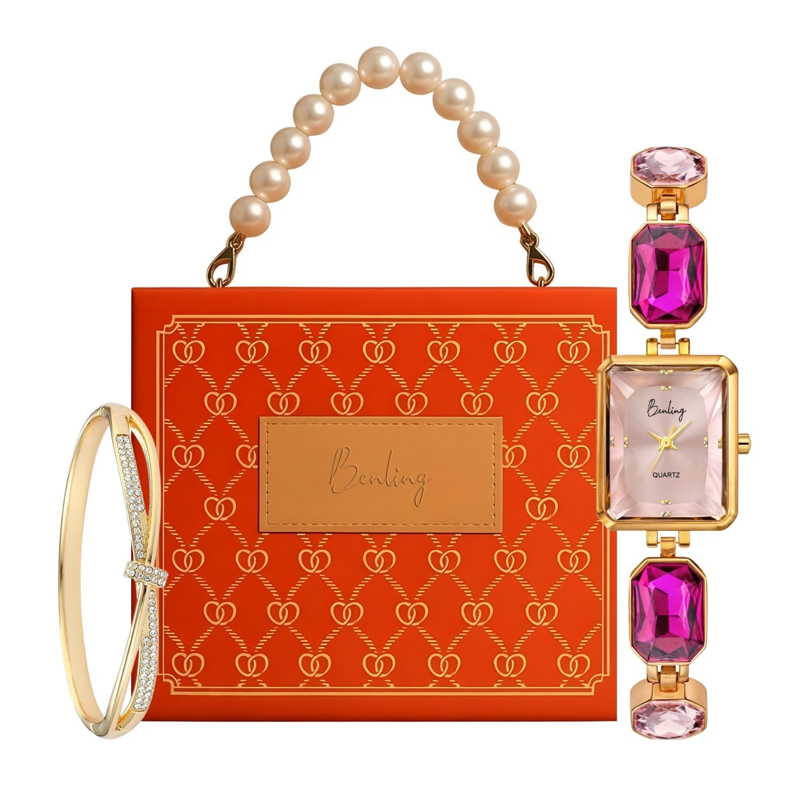 Benling Square Gemstone Dial Watch - Gift Set with Pearl Box and Bracelet