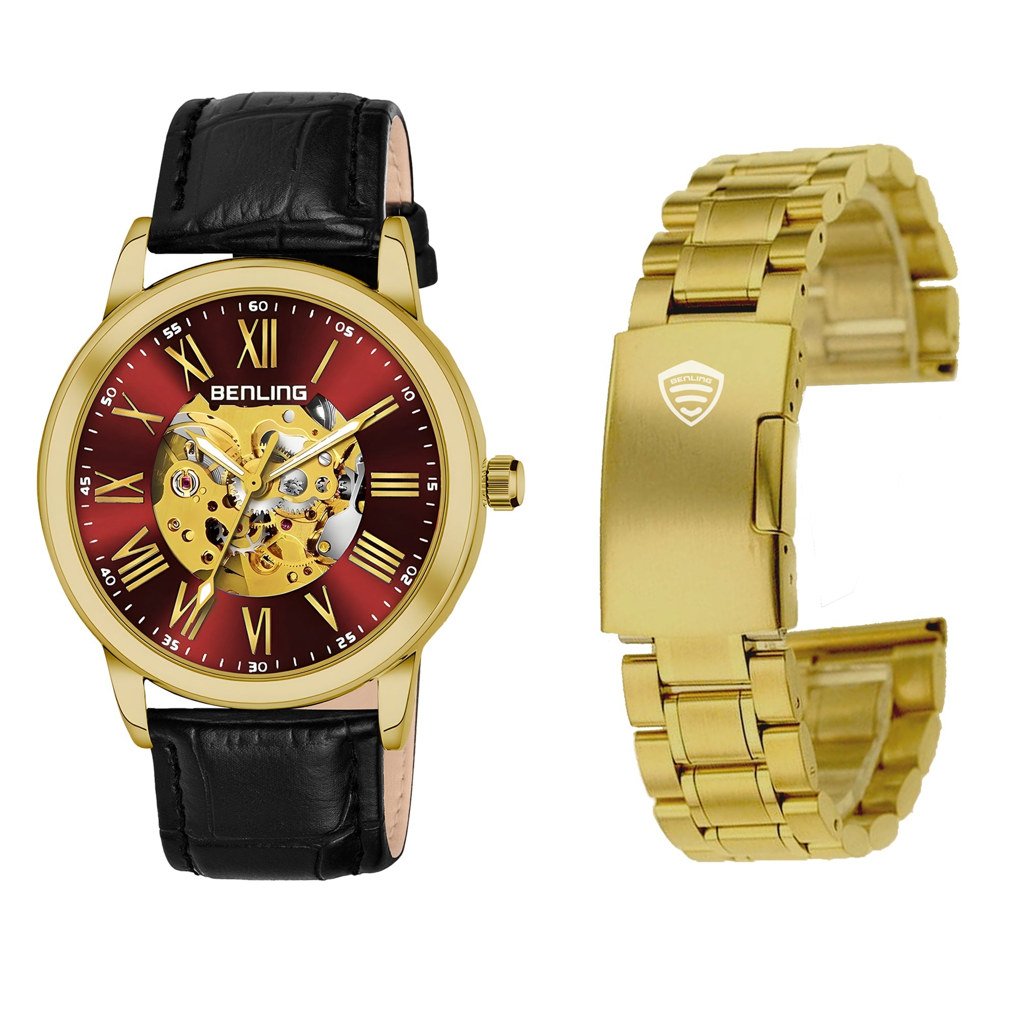 Benling Automatic Skeleton Mechanical Watch for Men | Self-Winding Movement | Leather & Stainless Steel Strap | Open Gear Dial | Luxury Casual & Formal Wear