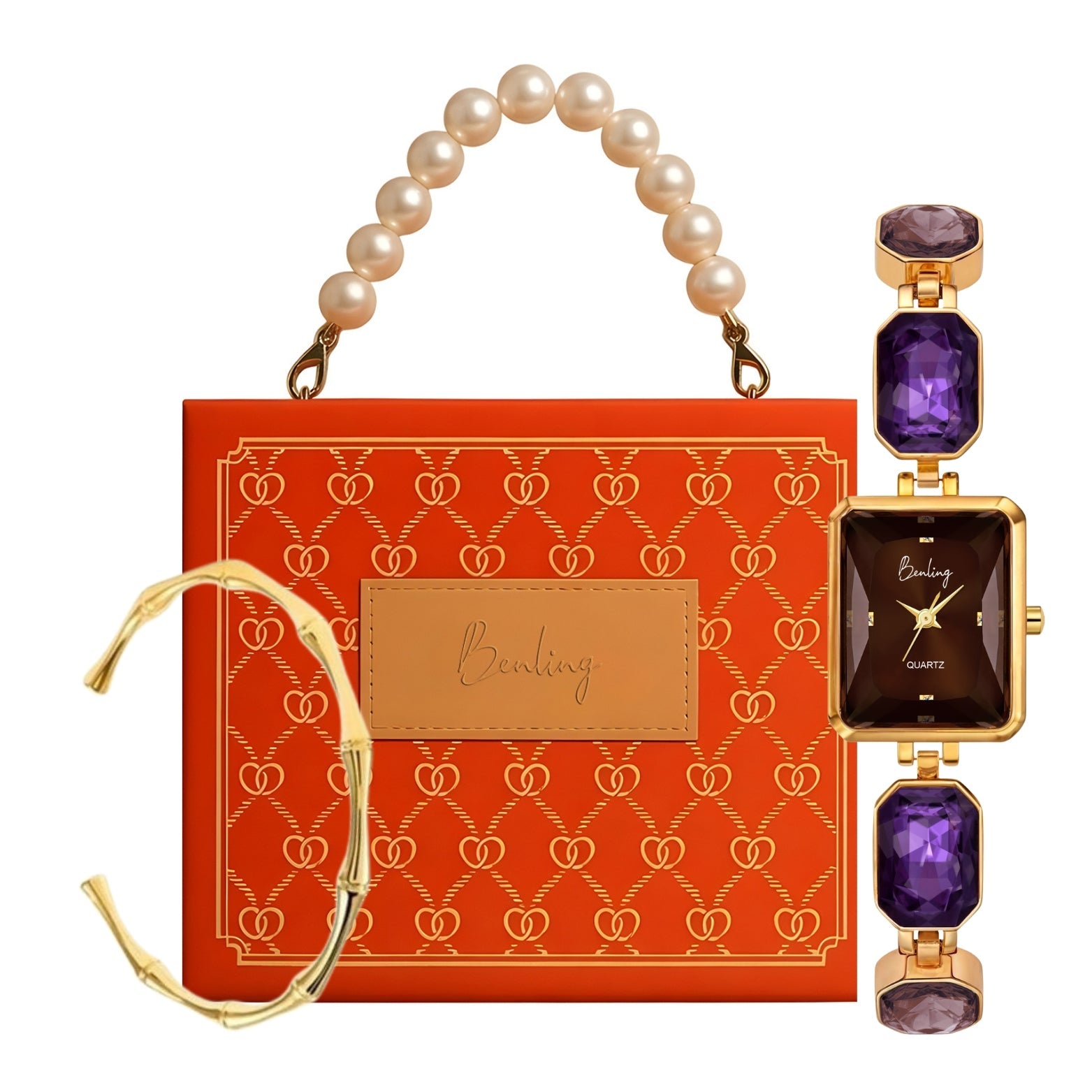 Benling Square Gemstone Dial Watch - Gift Set with Pearl Box and Bracelet