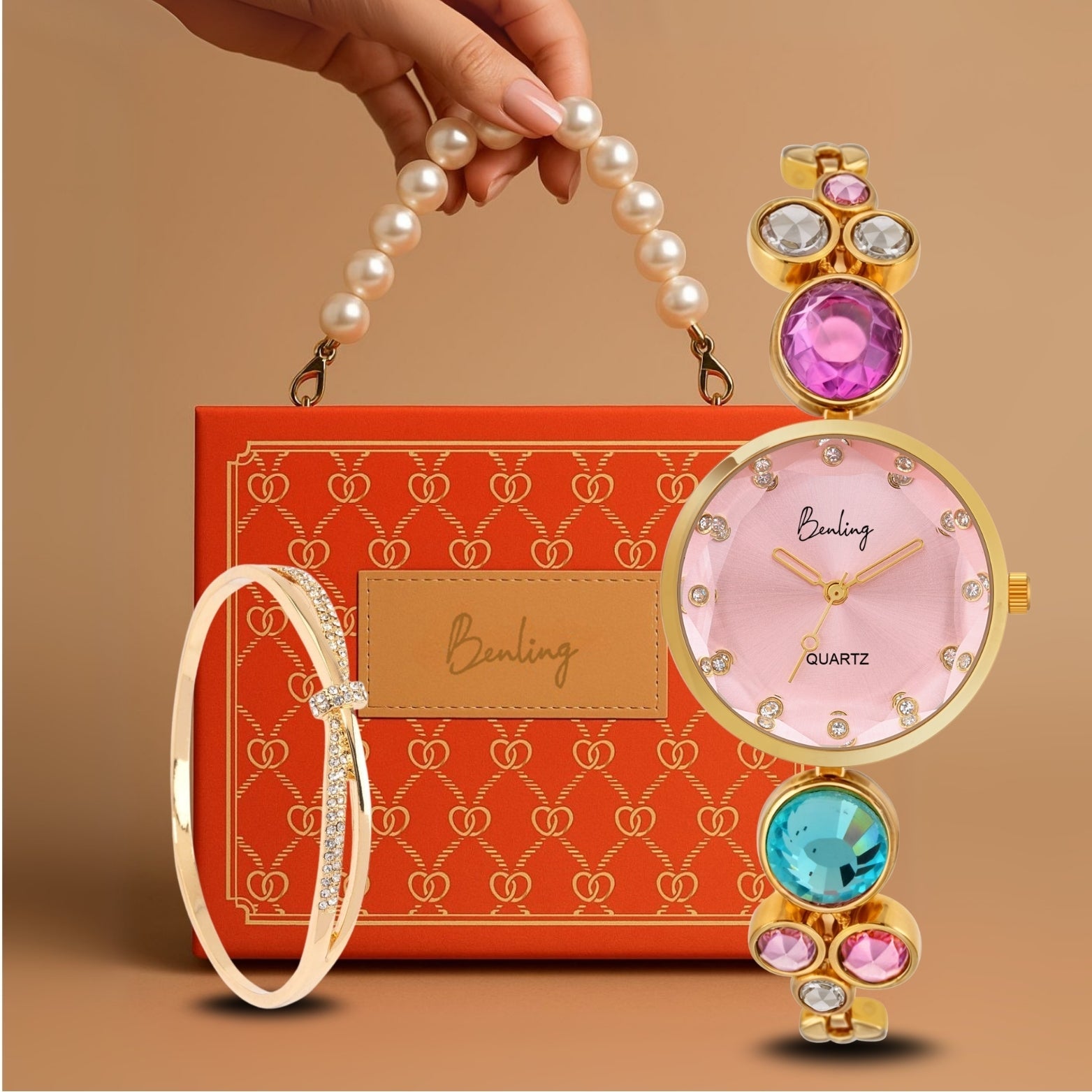 Benling Women's Quartz Watch - with Sapphire Crystal Glass - with Pearl Box and Bracelet