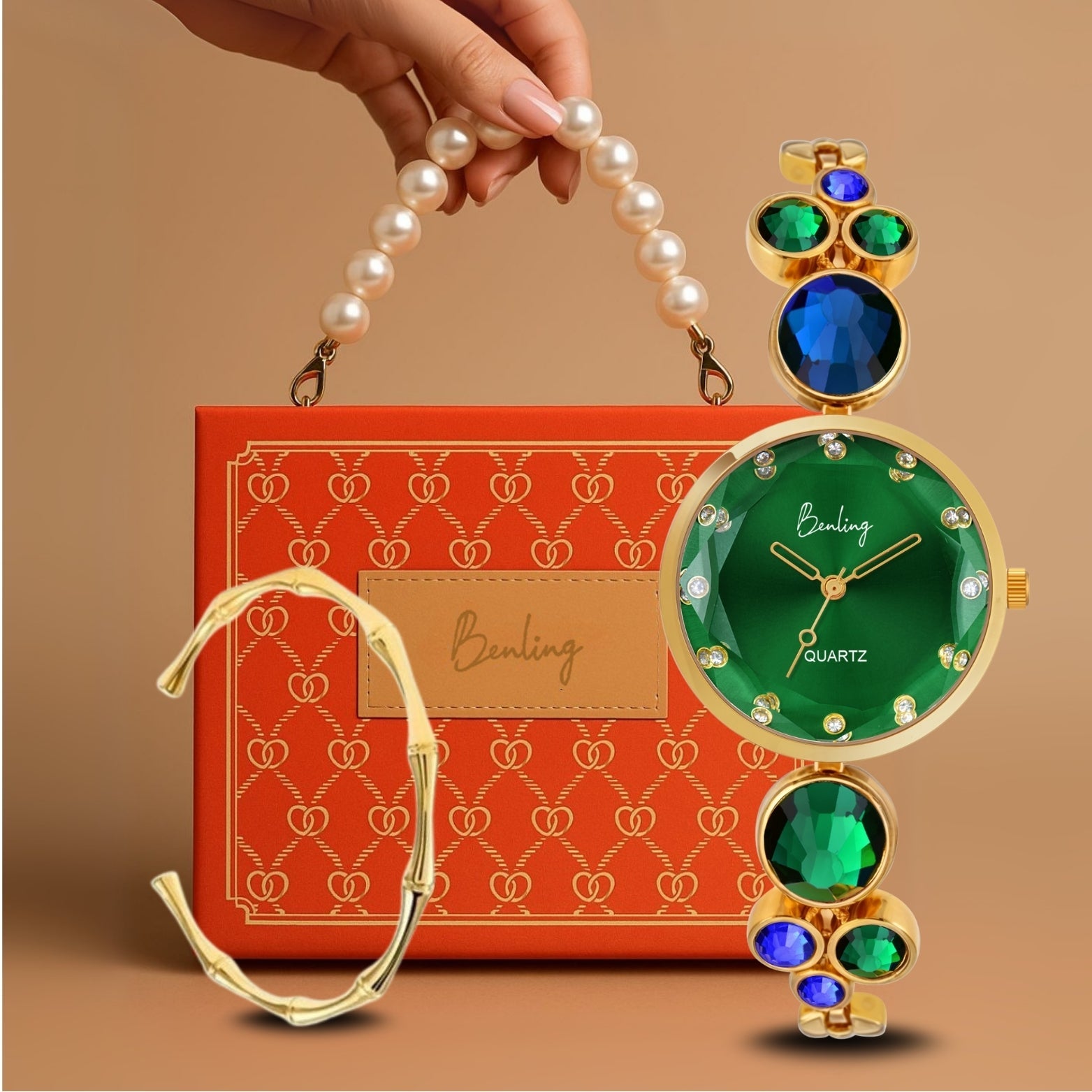 Benling Women's Quartz Watch - with Sapphire Crystal Glass - with Pearl Box and Bracelet Benling