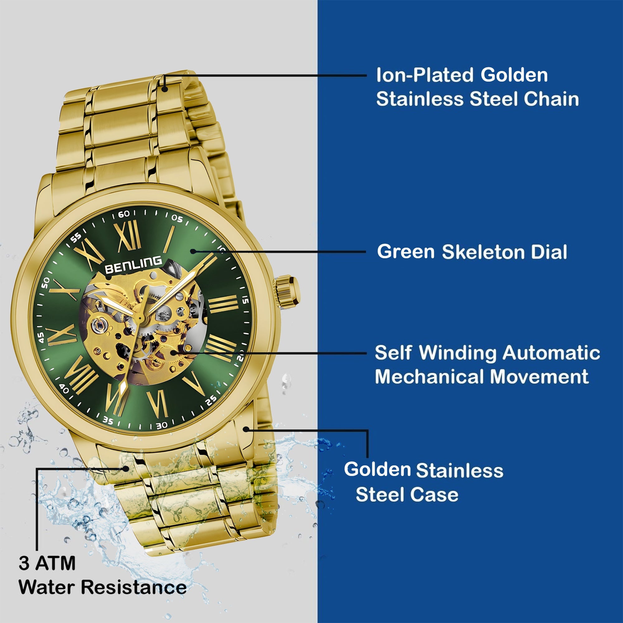 Benling Automatic Skeleton Mechanical Watch for Men | Self-Winding Movement | Leather & Stainless Steel Strap | Open Gear Dial | Luxury Casual & Formal Wear