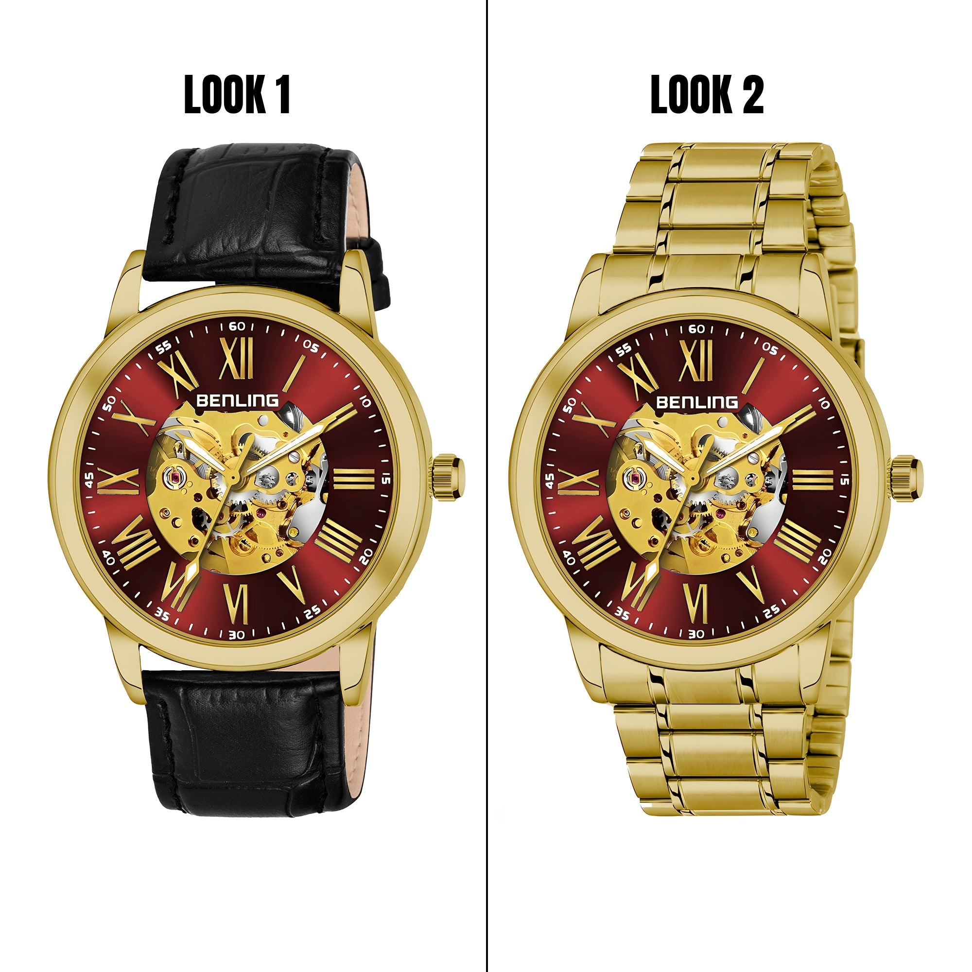 Benling Automatic Skeleton Mechanical Watch for Men | Self-Winding Movement | Leather & Stainless Steel Strap | Open Gear Dial | Luxury Casual & Formal Wear