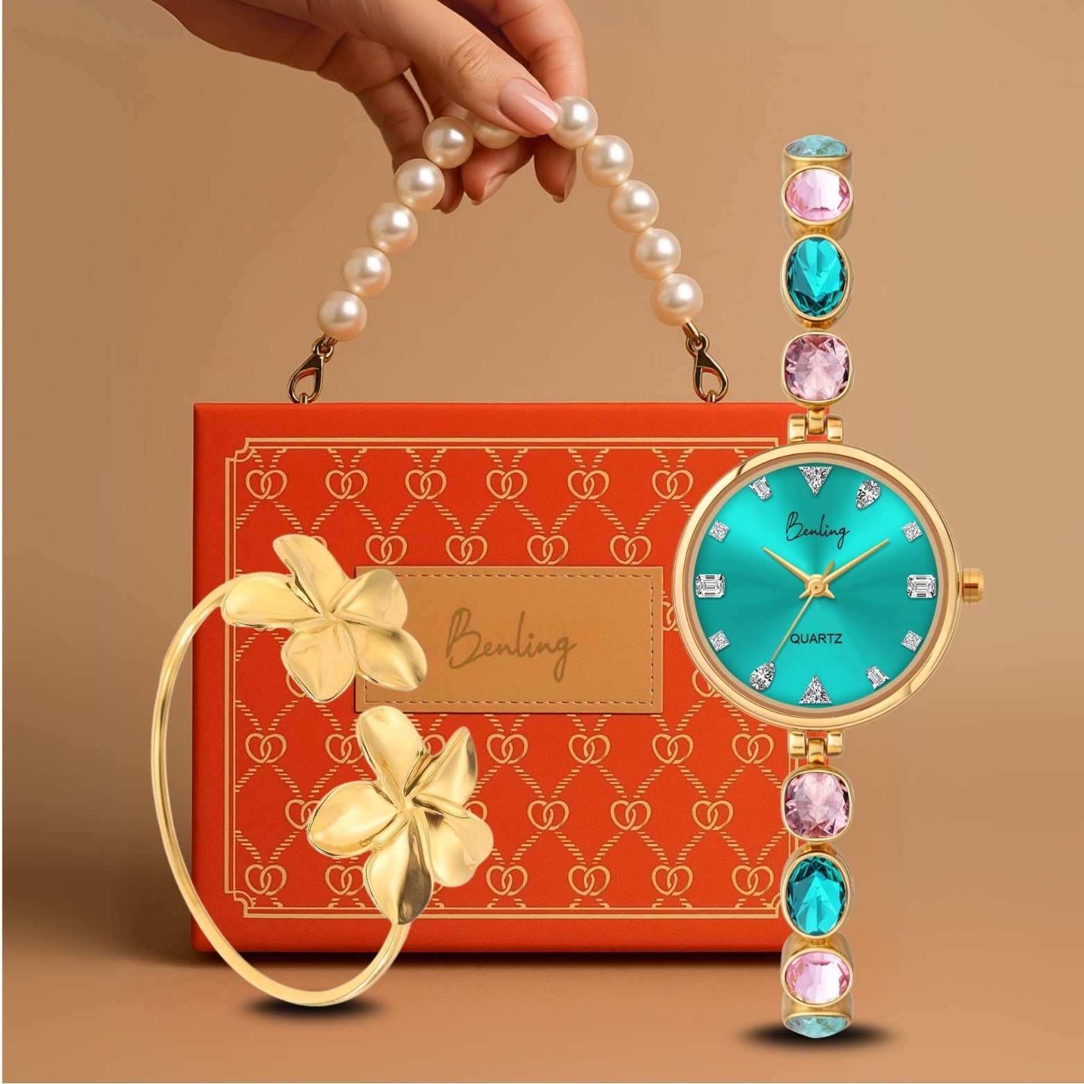 Benling Crystal-Studded Quartz Watch for Women – Luxury Design with Sparkling Stones - with Pearl Box and Bracelet Benling