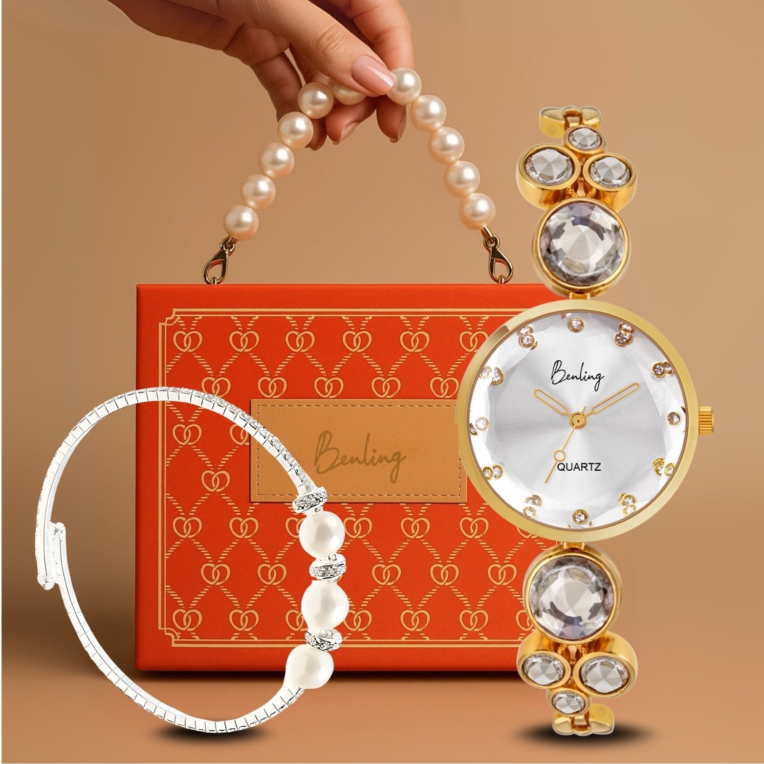 Benling Women's Quartz Watch - with Sapphire Crystal Glass - with Pearl Box and Bracelet