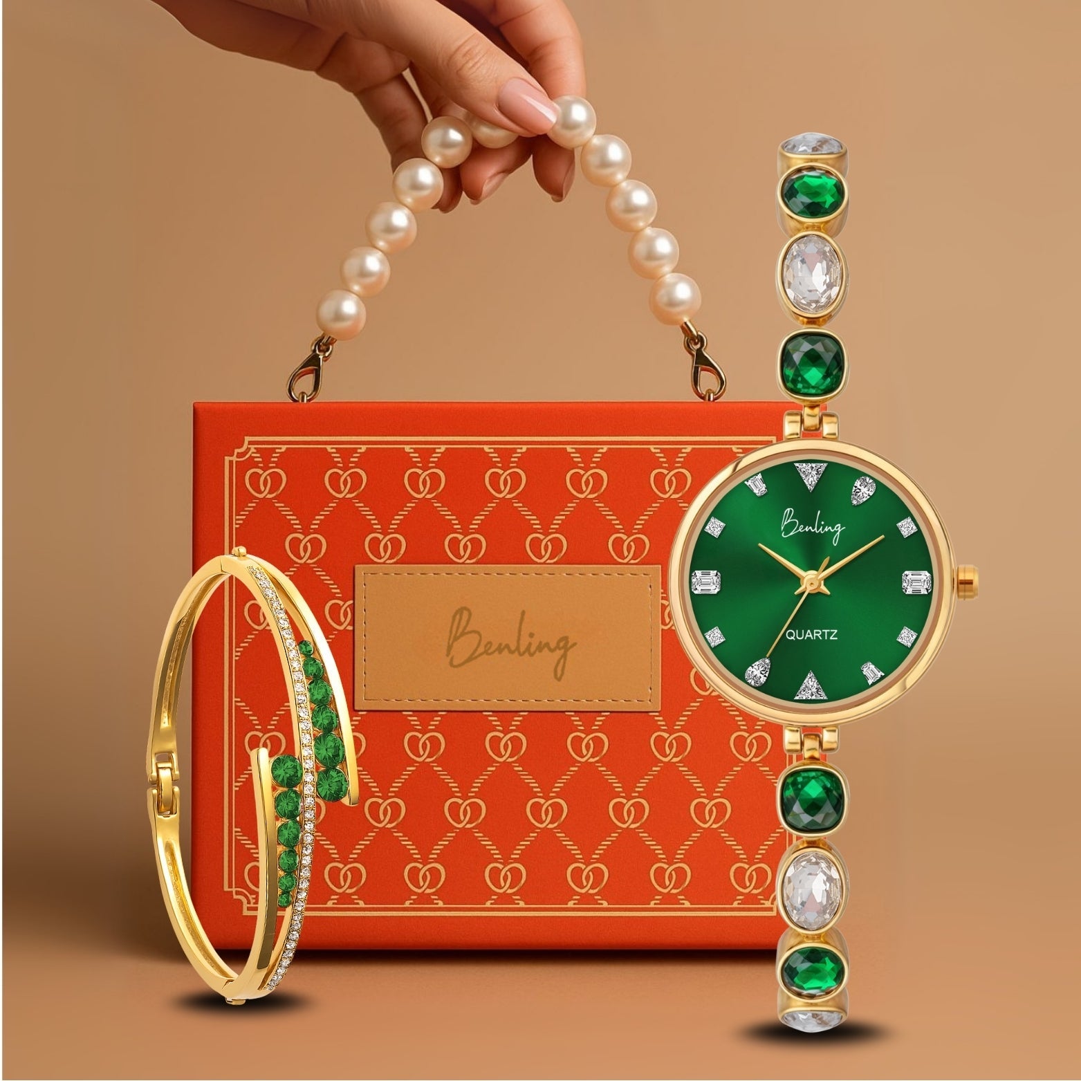 Benling Crystal-Studded Quartz Watch for Women – Luxury Design with Sparkling Stones - with Pearl Box and Bracelet