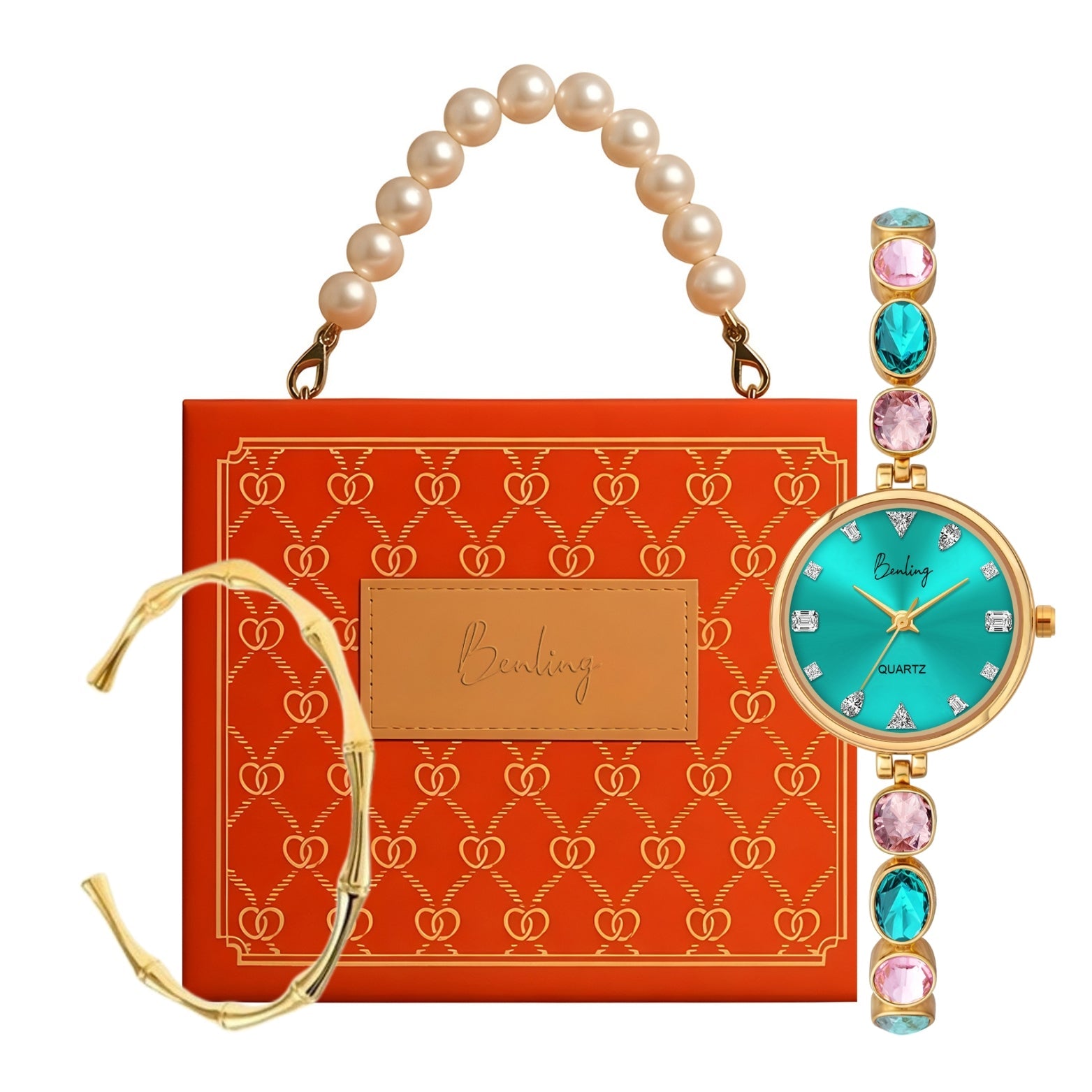 Benling Crystal-Studded Quartz Watch for Women – Luxury Design with Sparkling Stones - with Pearl Box and Bracelet Benling