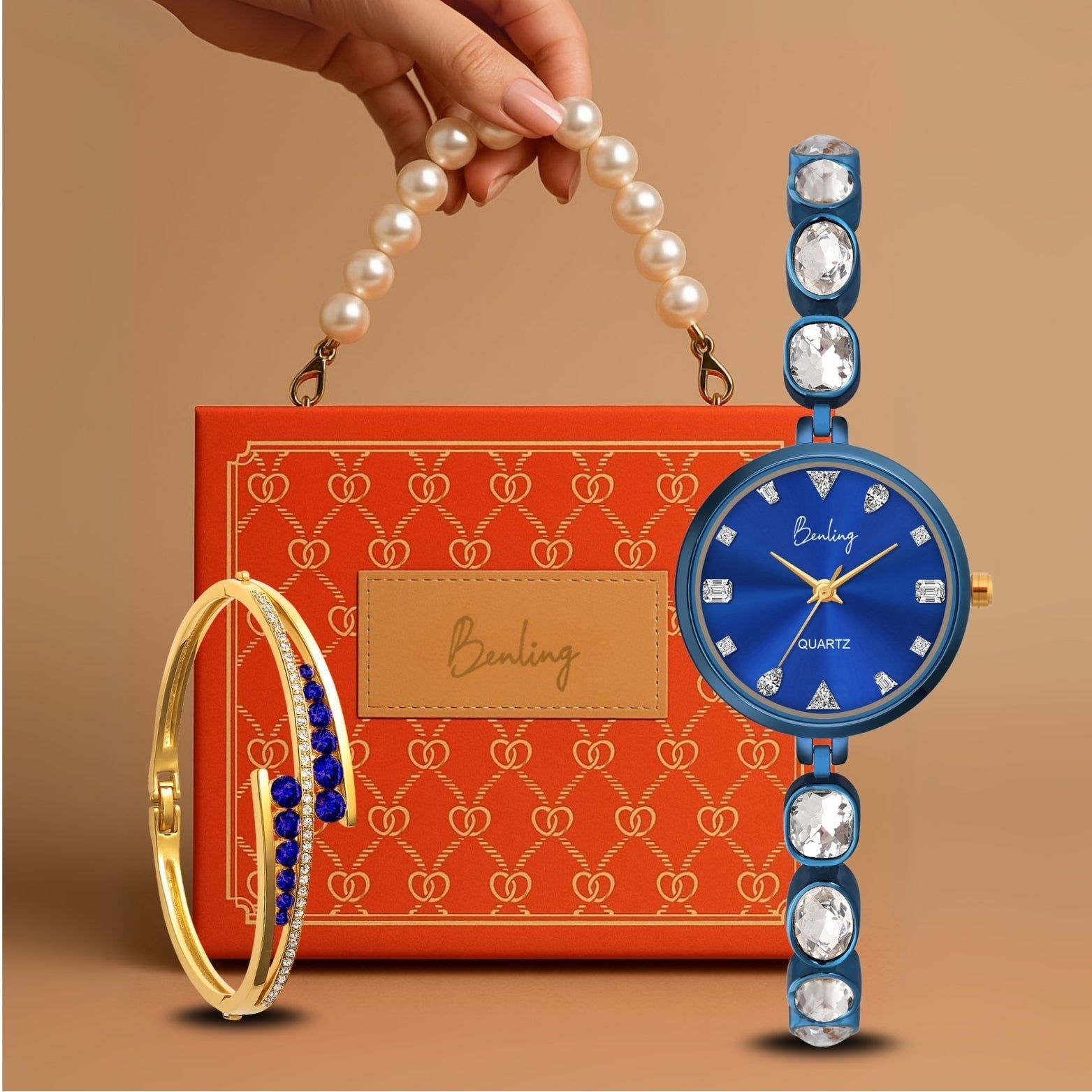 Benling Crystal-Studded Quartz Watch for Women – Luxury Design with Sparkling Stones - with Pearl Box and Bracelet