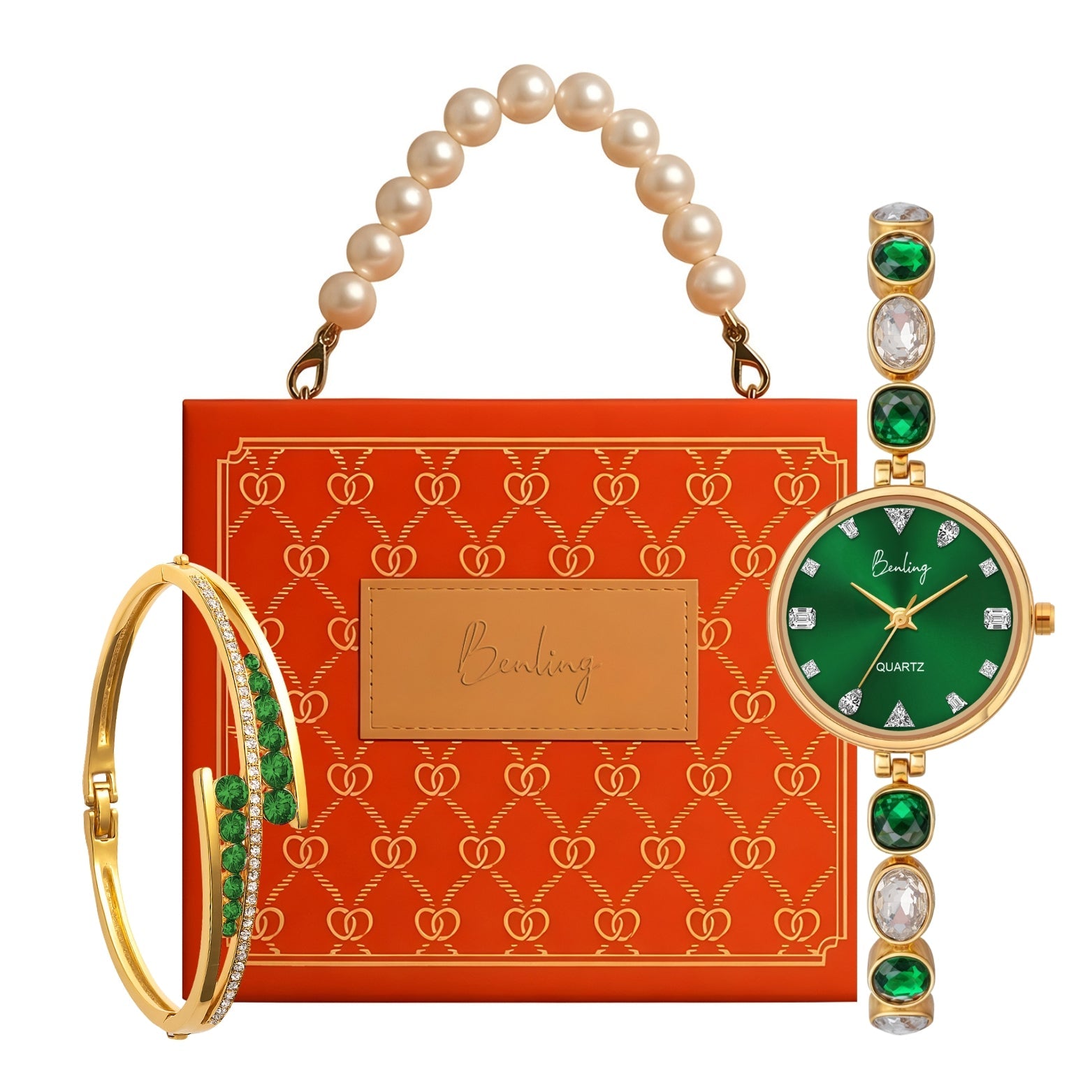 Benling Crystal-Studded Quartz Watch for Women – Luxury Design with Sparkling Stones - with Pearl Box and Bracelet