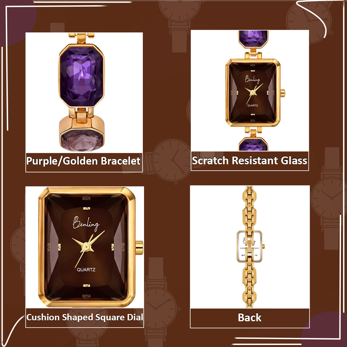 Benling Square Gemstone Dial Watch - Gift Set with Pearl Box and Bracelet