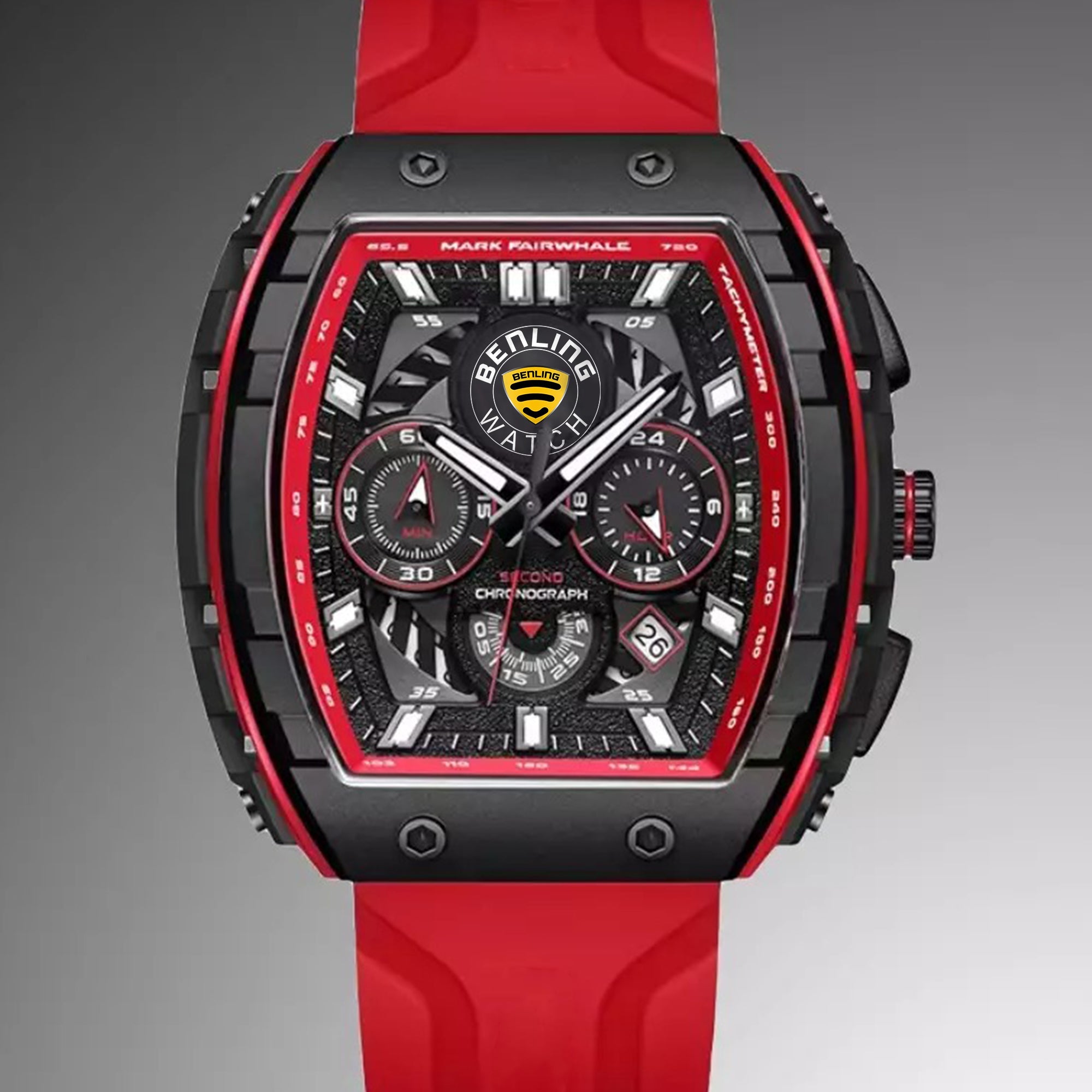 Benling Unisex Barrel Shape Resin Chronograph Quartz Watch – 45mm Tonneau Case, Rubber Strap