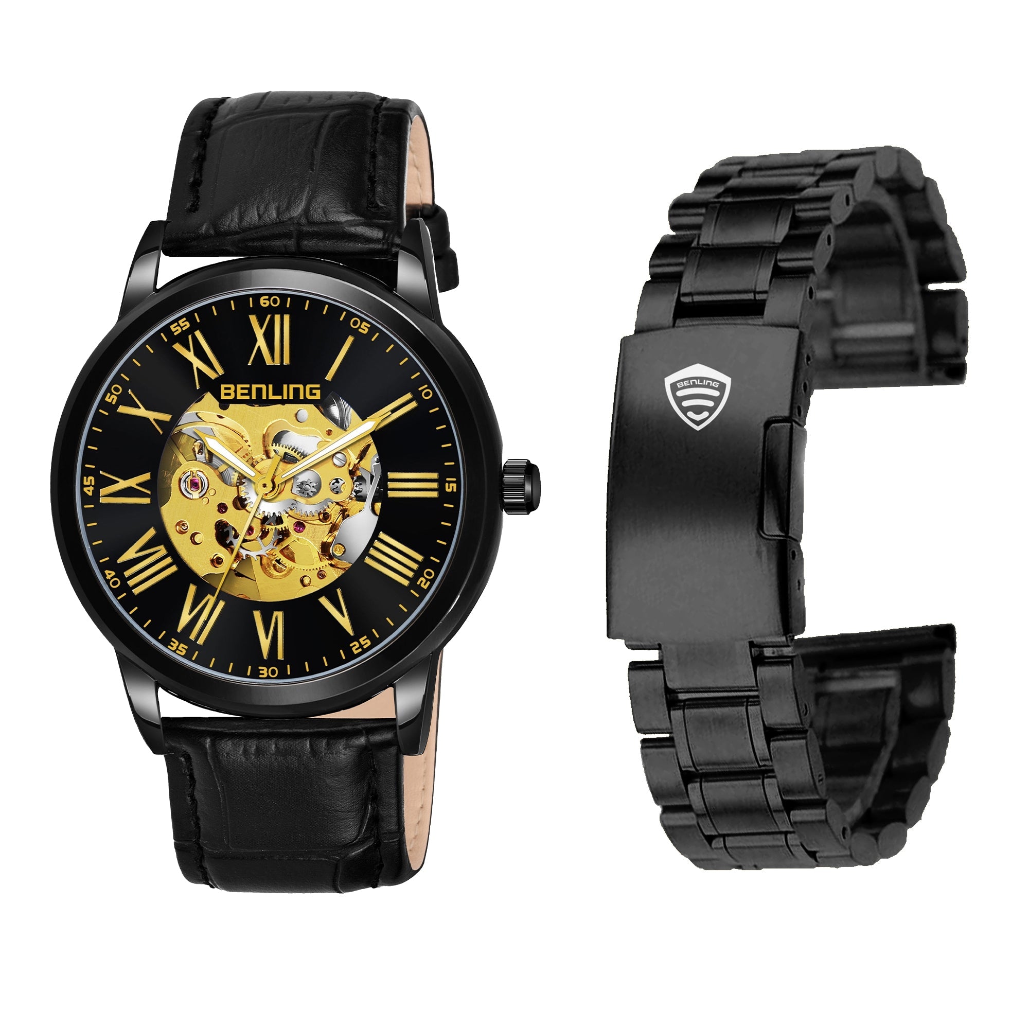 Benling Automatic Skeleton Mechanical Watch for Men | Self-Winding Movement | Leather & Stainless Steel Strap | Open Gear Dial | Luxury Casual & Formal Wear